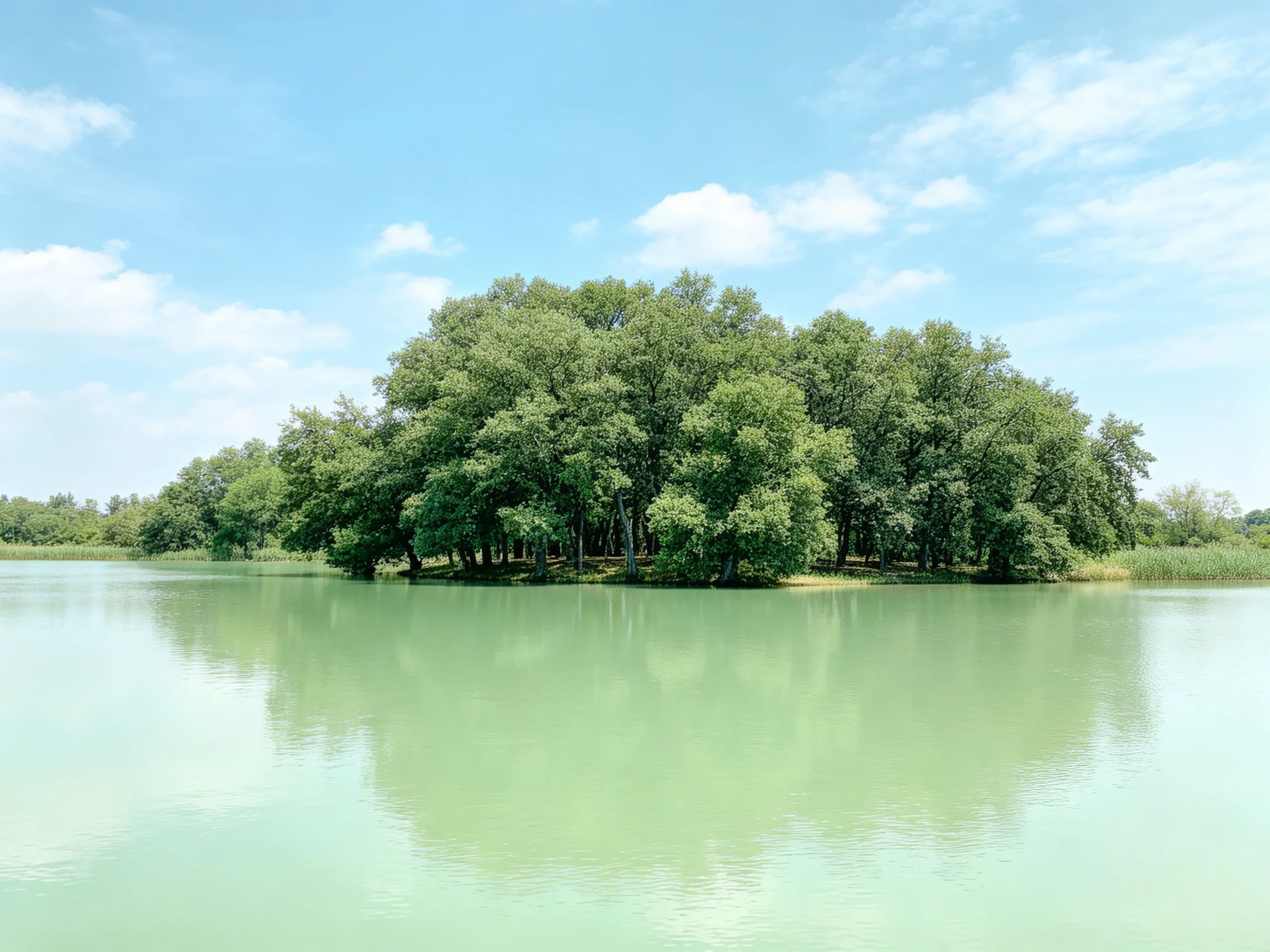 A lush tree island surrounded by calm greenish water under bright blue sky