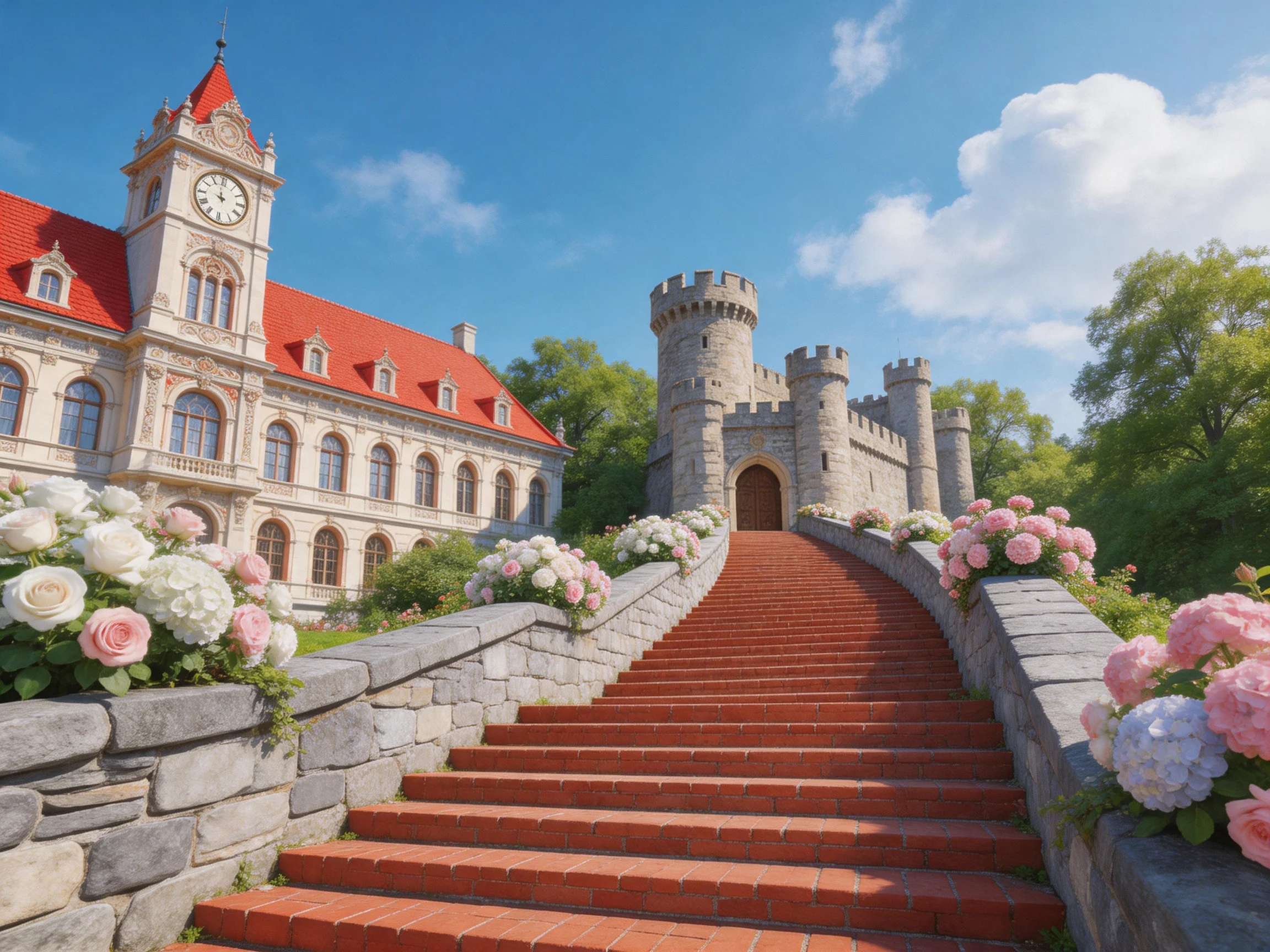 A magnificent castle complex with red stairs and floral decorations