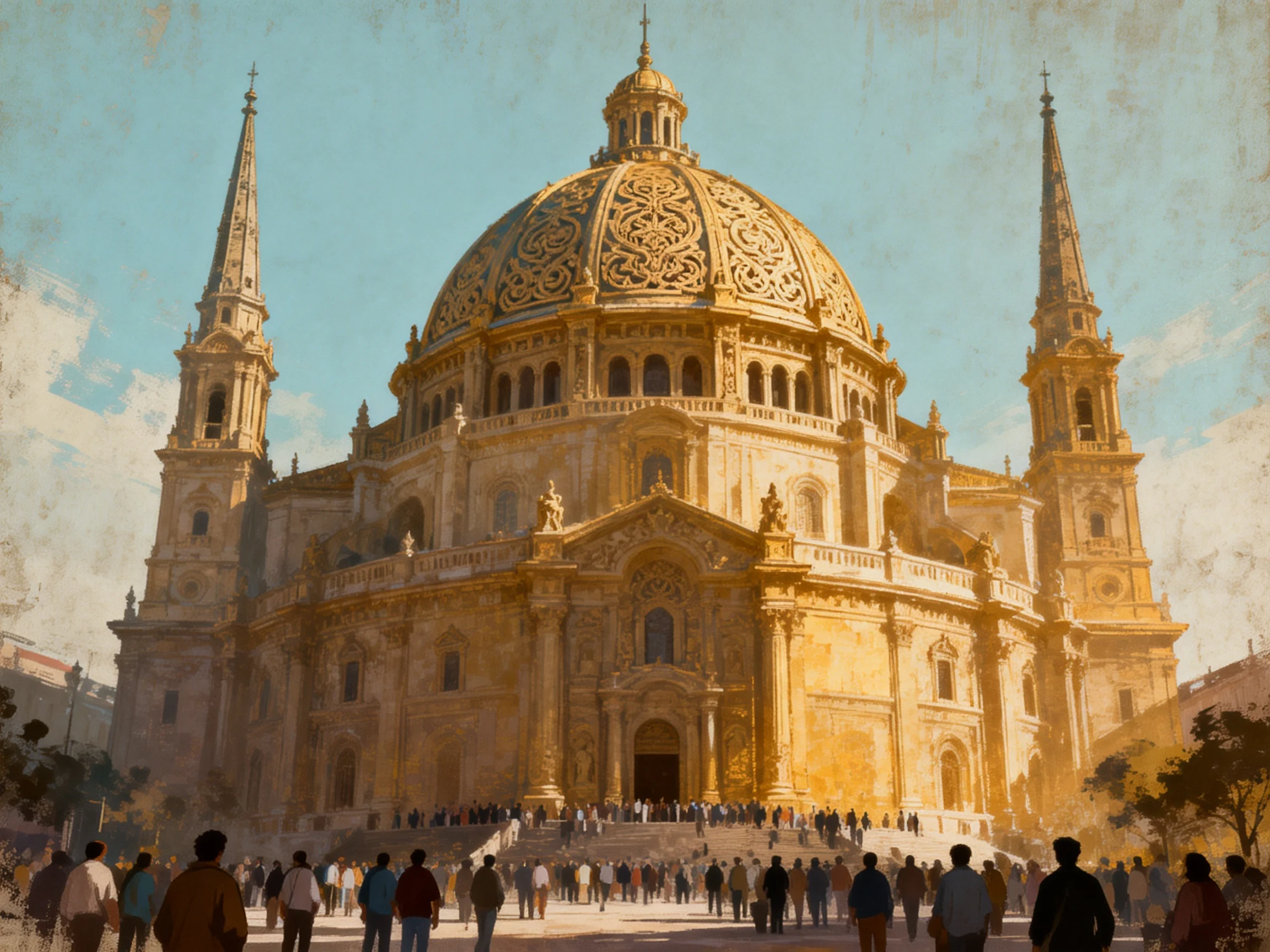 A magnificent cathedral with ornate golden dome and tall spires