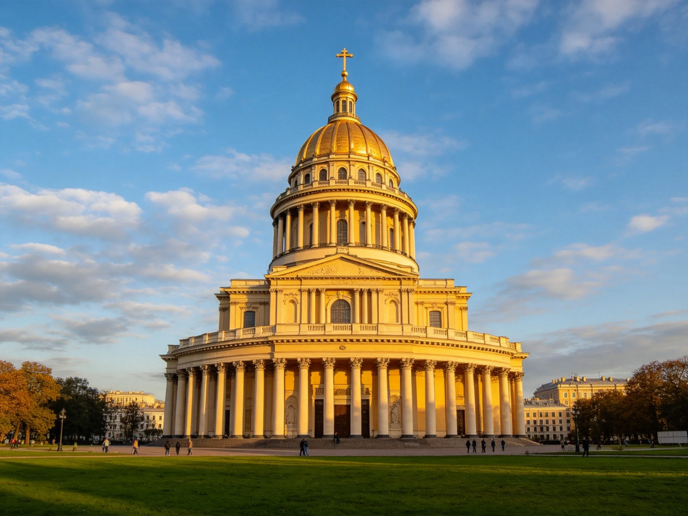 A magnificent church with golden dome and tall white columns
