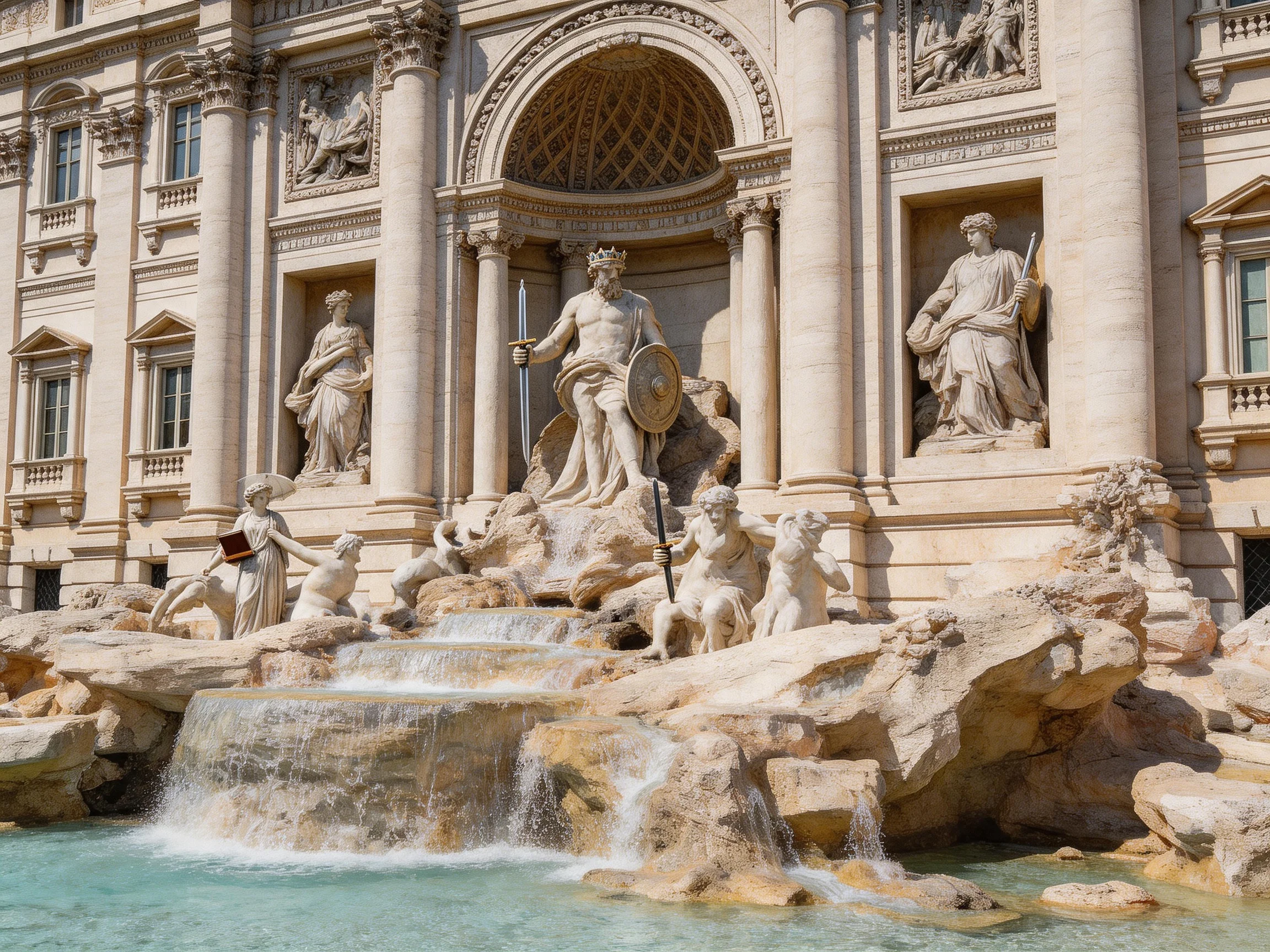 A magnificent fountain with grand statues and flowing water