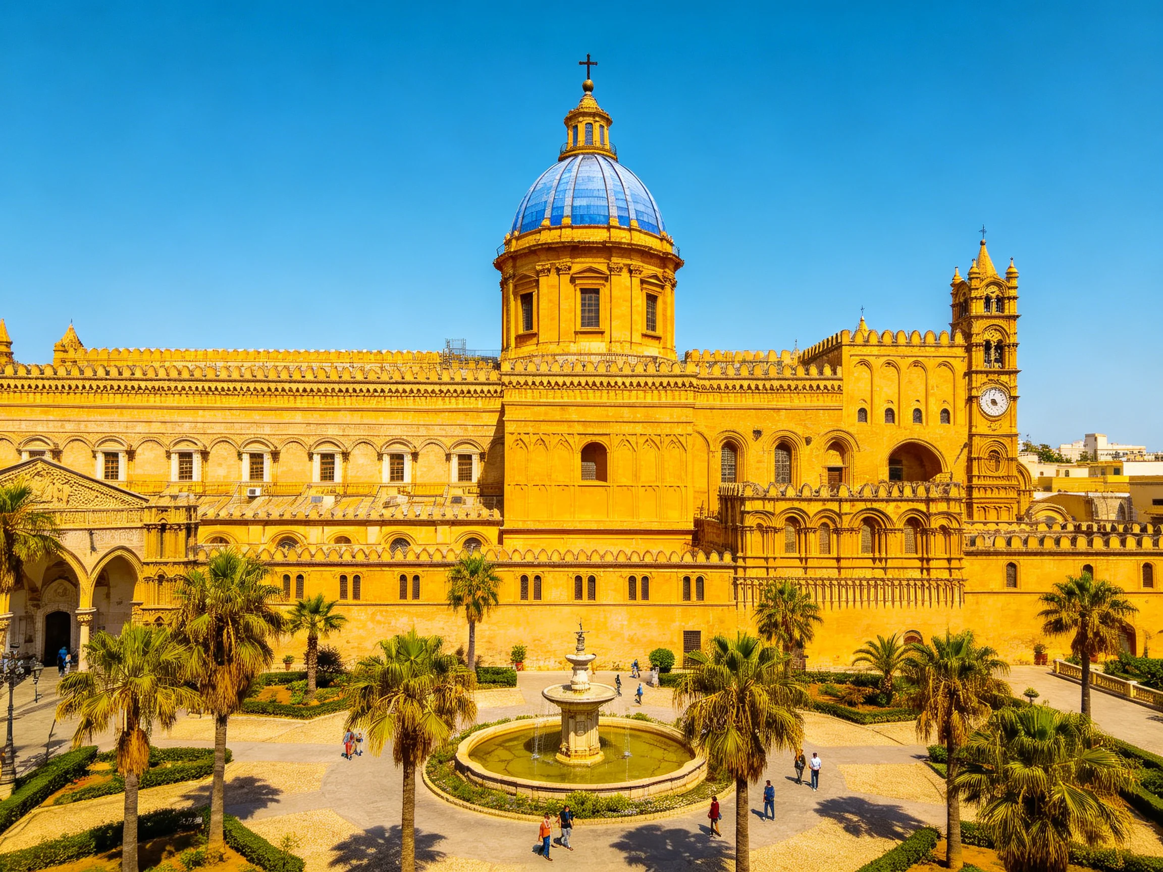 A magnificent golden cathedral with a blue dome and tropical courtyard