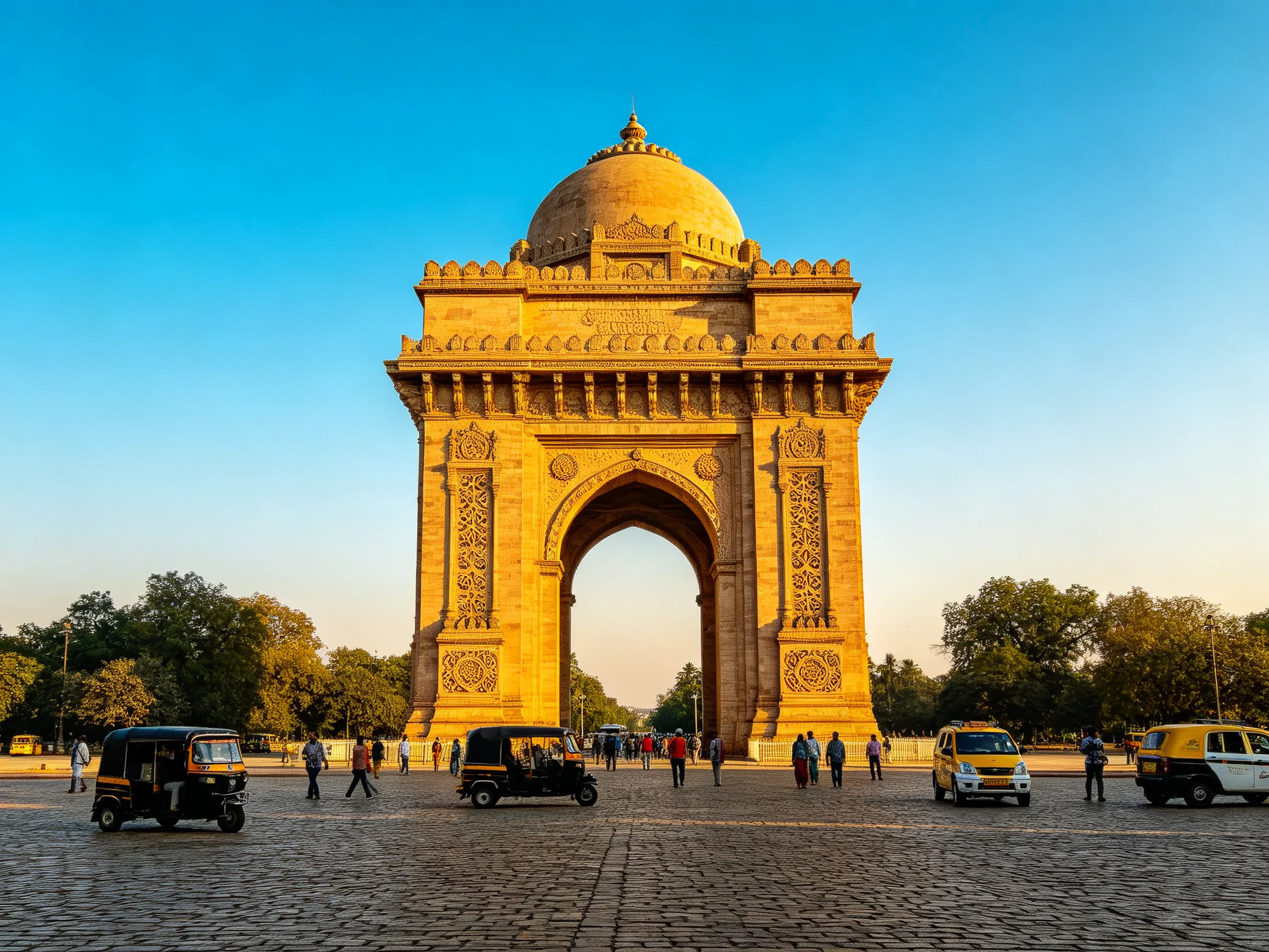 A magnificent golden-hued arch monument in a sunny plaza