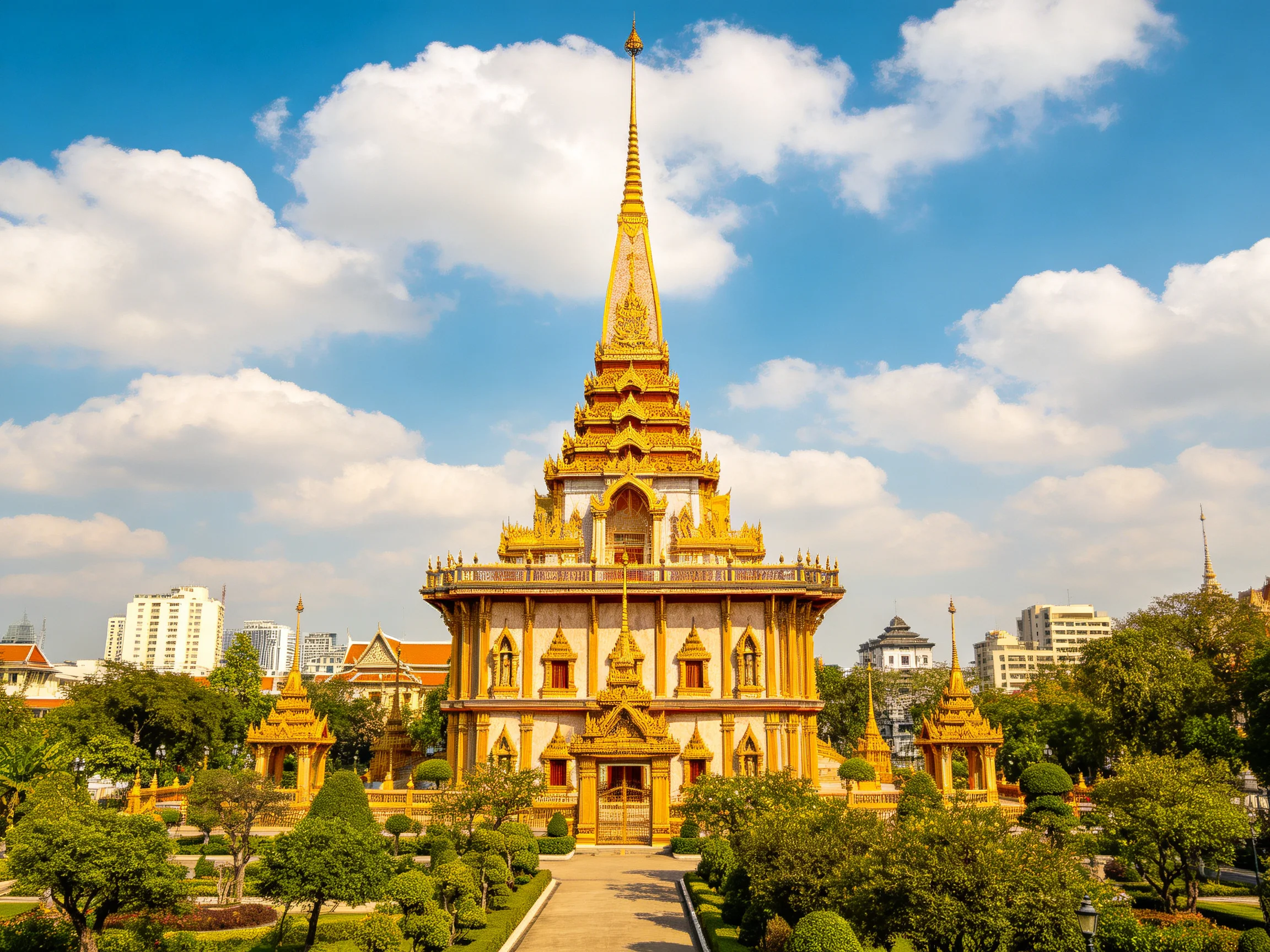 A magnificent golden temple with ornate spire near urban greenery