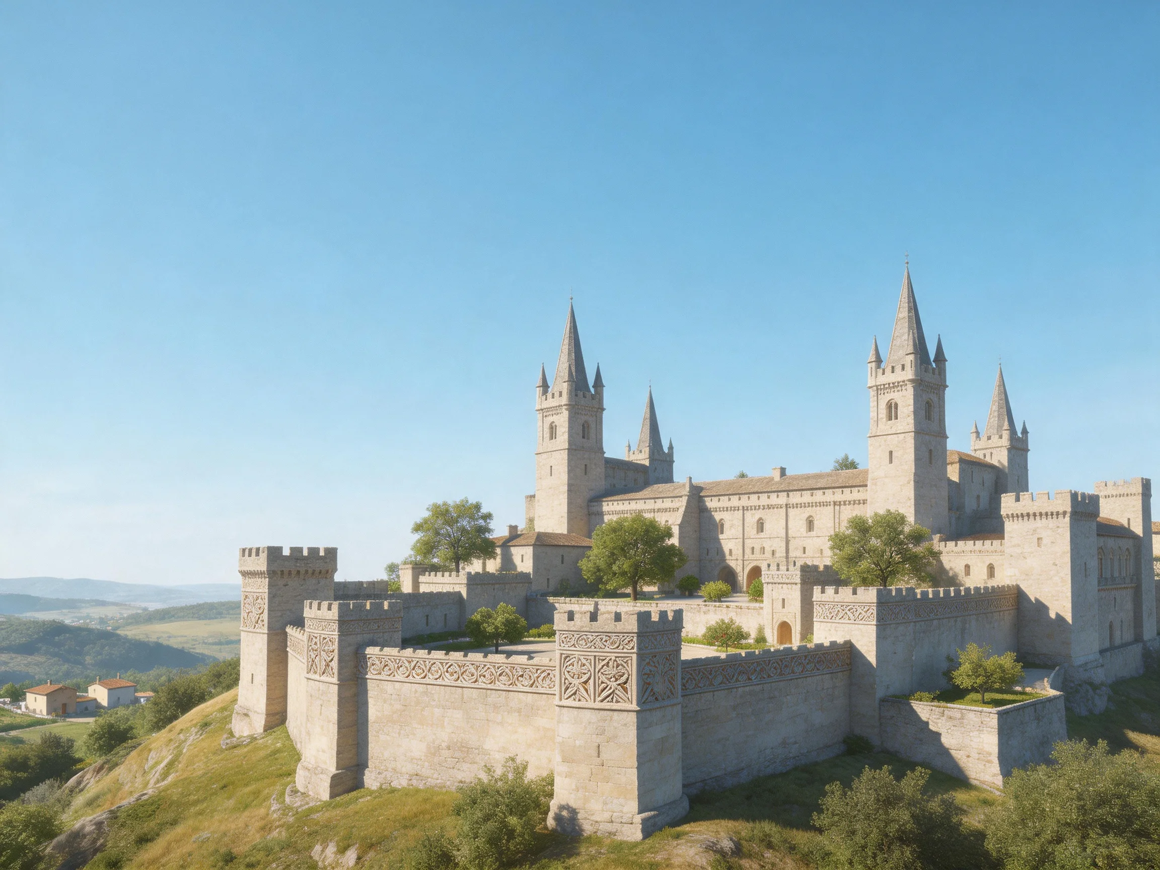 A magnificent medieval stone castle with tall spires on a hilltop
