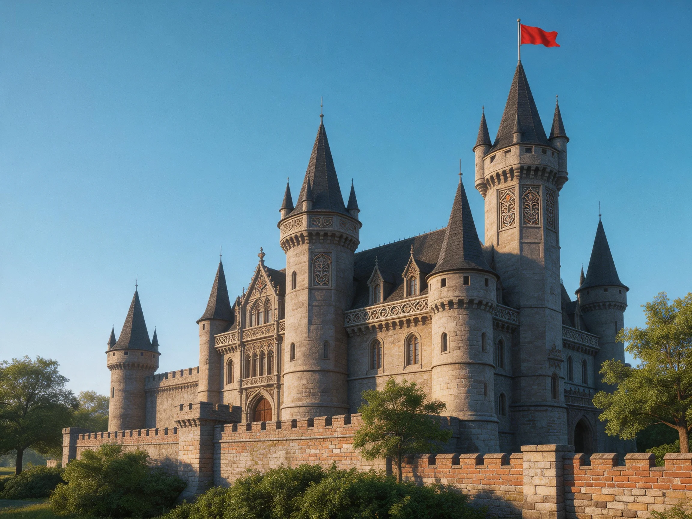 A magnificent medieval stone castle with tall towers and a red flag