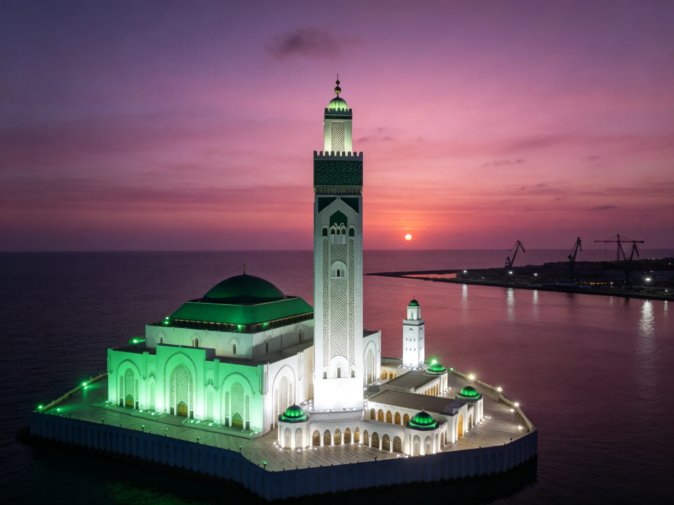 A magnificent mosque illuminated green by dusk over calm waters