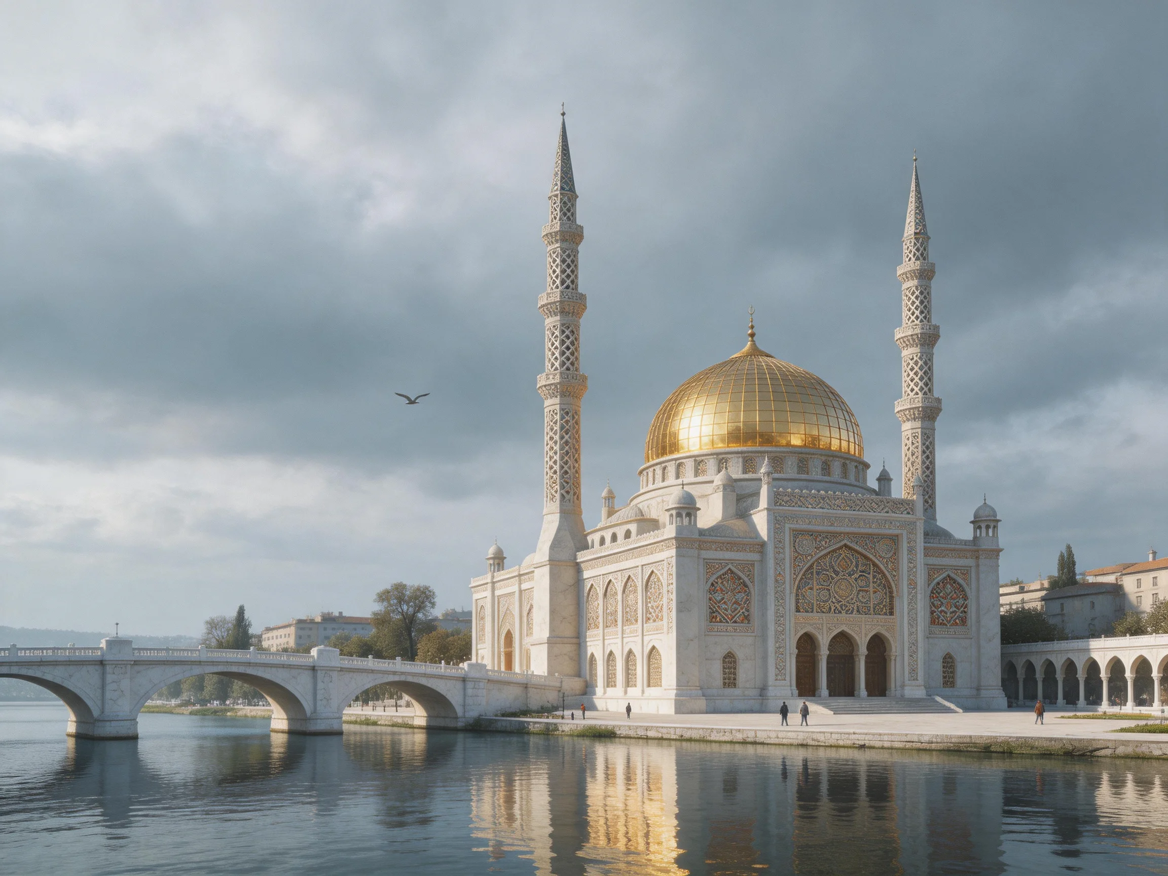 A magnificent mosque with golden dome by tranquil waters