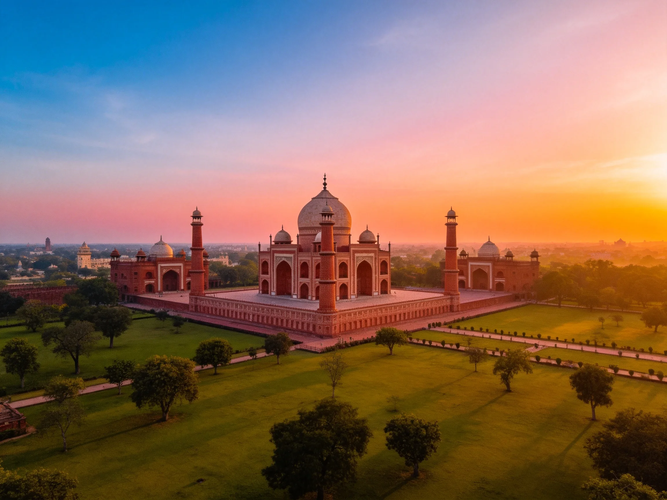 A magnificent red-brick mausoleum under a vibrant sunset sky