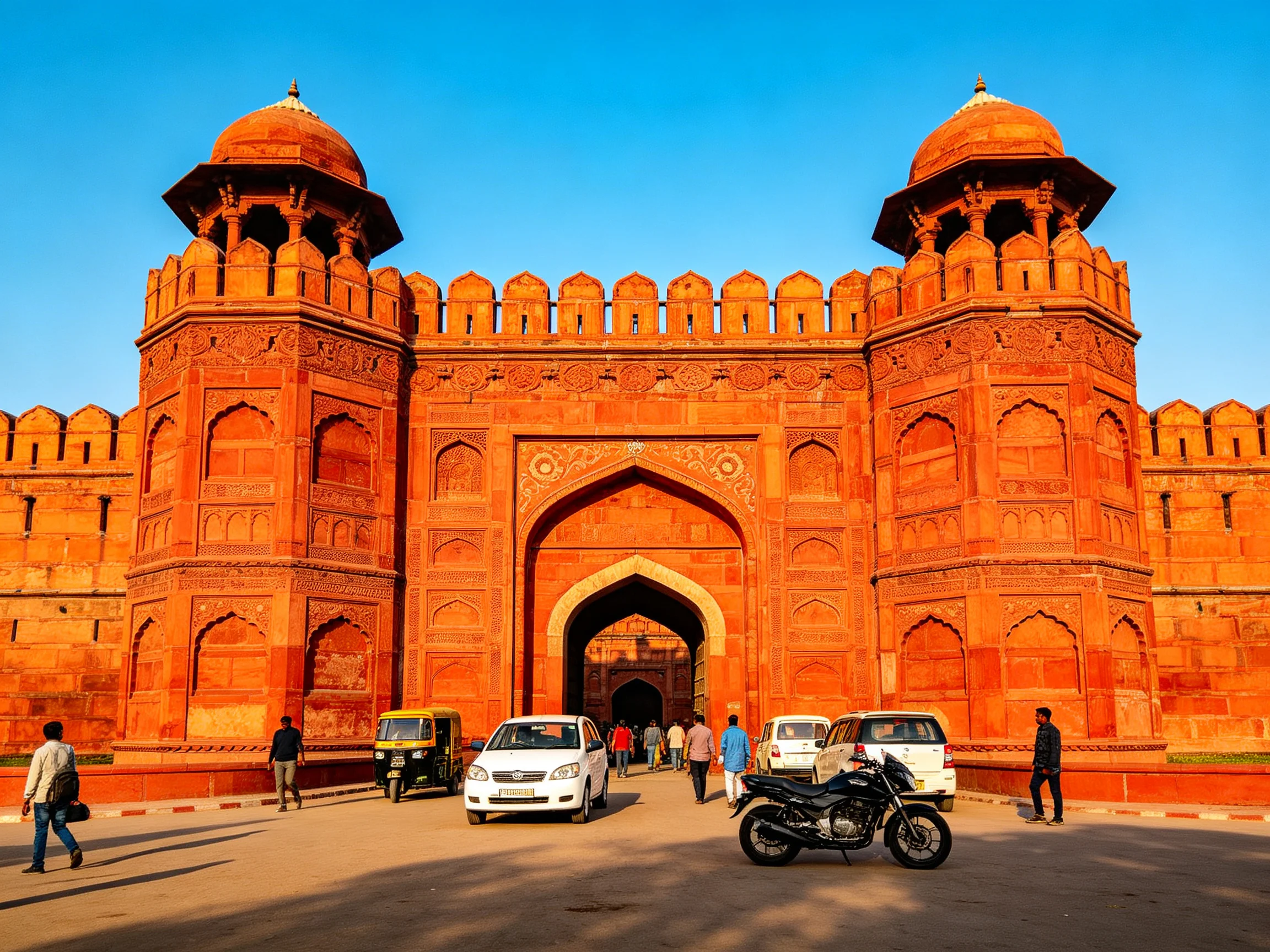 A magnificent red fort gateway with vehicles and pedestrians