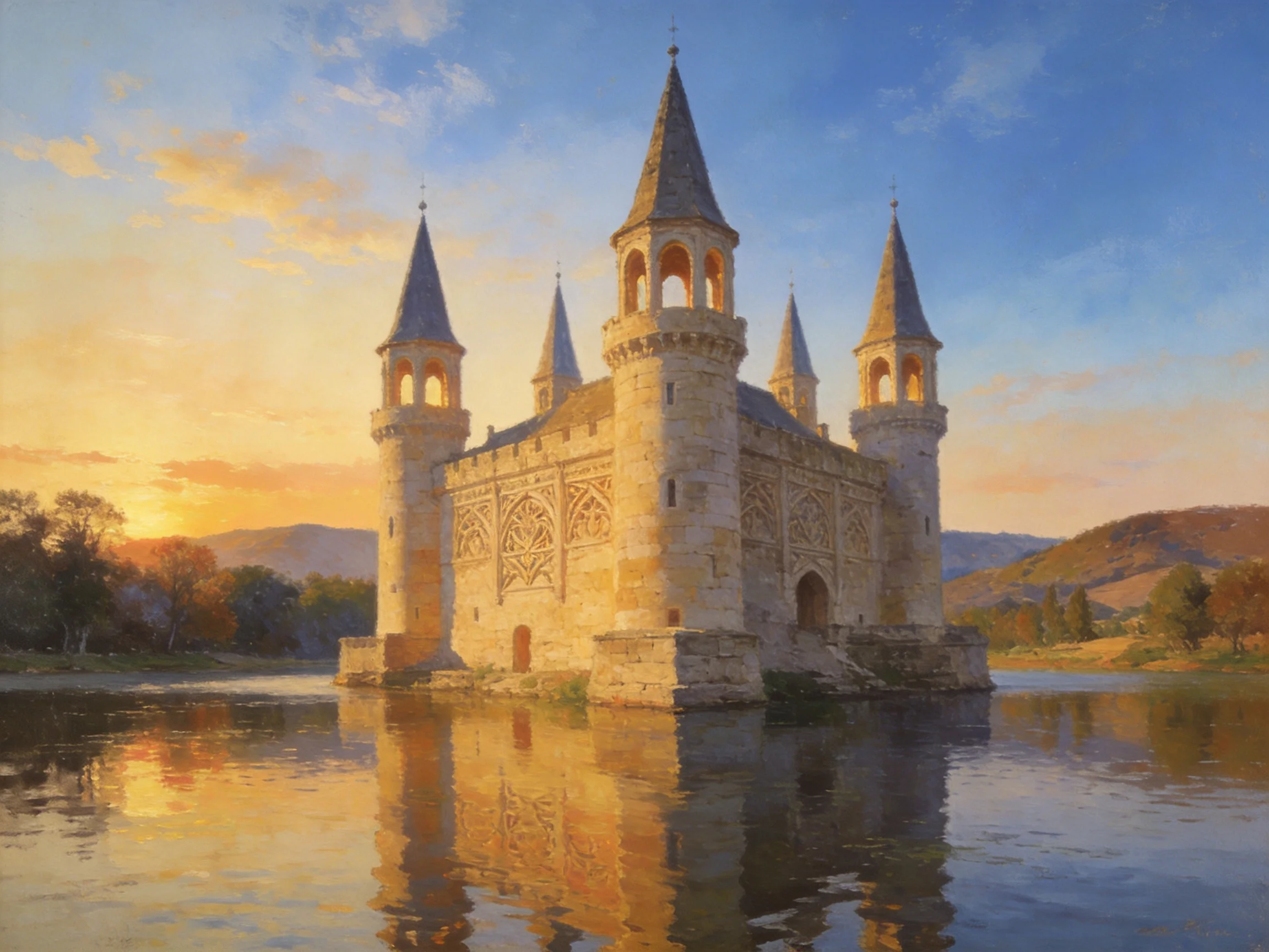 A magnificent stone castle with spires reflected in calm waters at sunset