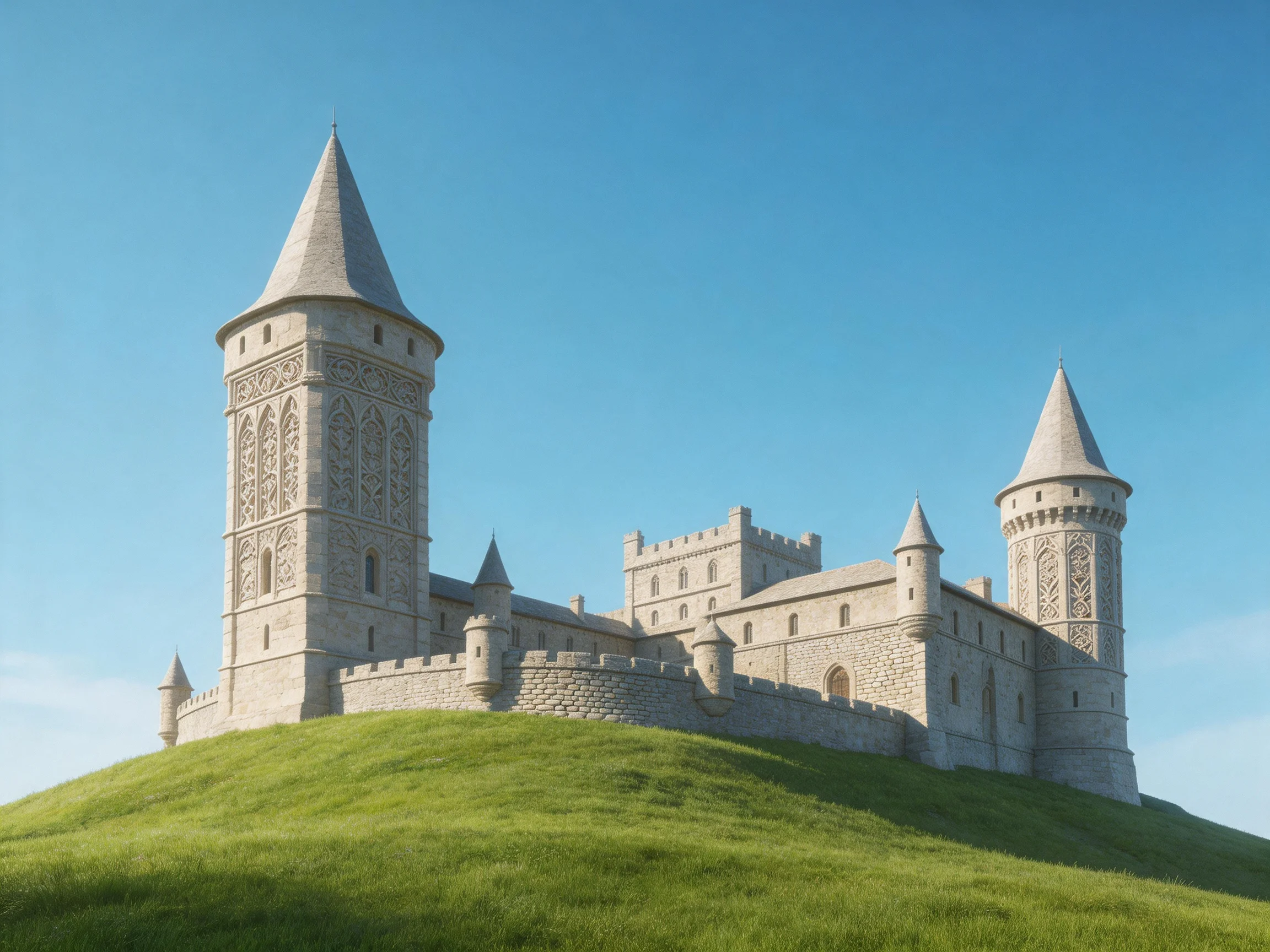 A magnificent stone castle with tall towers rests on a verdant hilltop