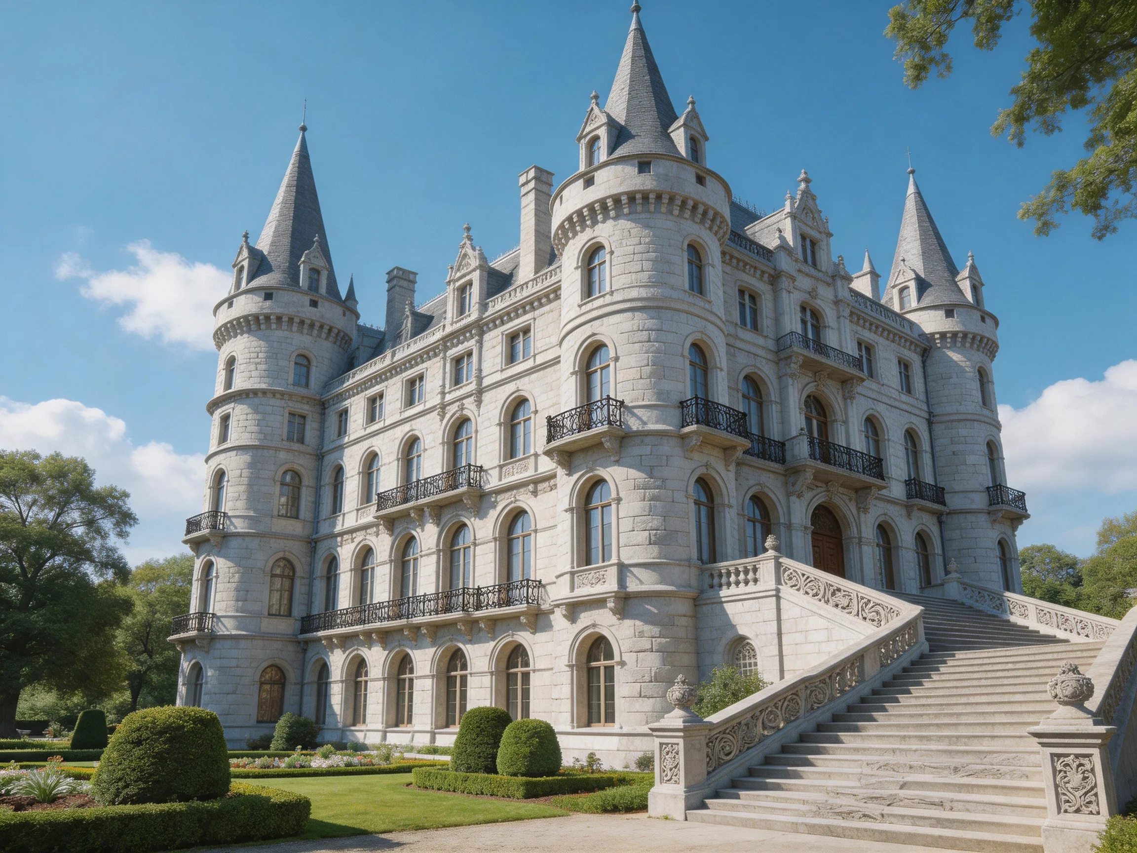 A magnificent stone castle with towering spires and expansive stairway