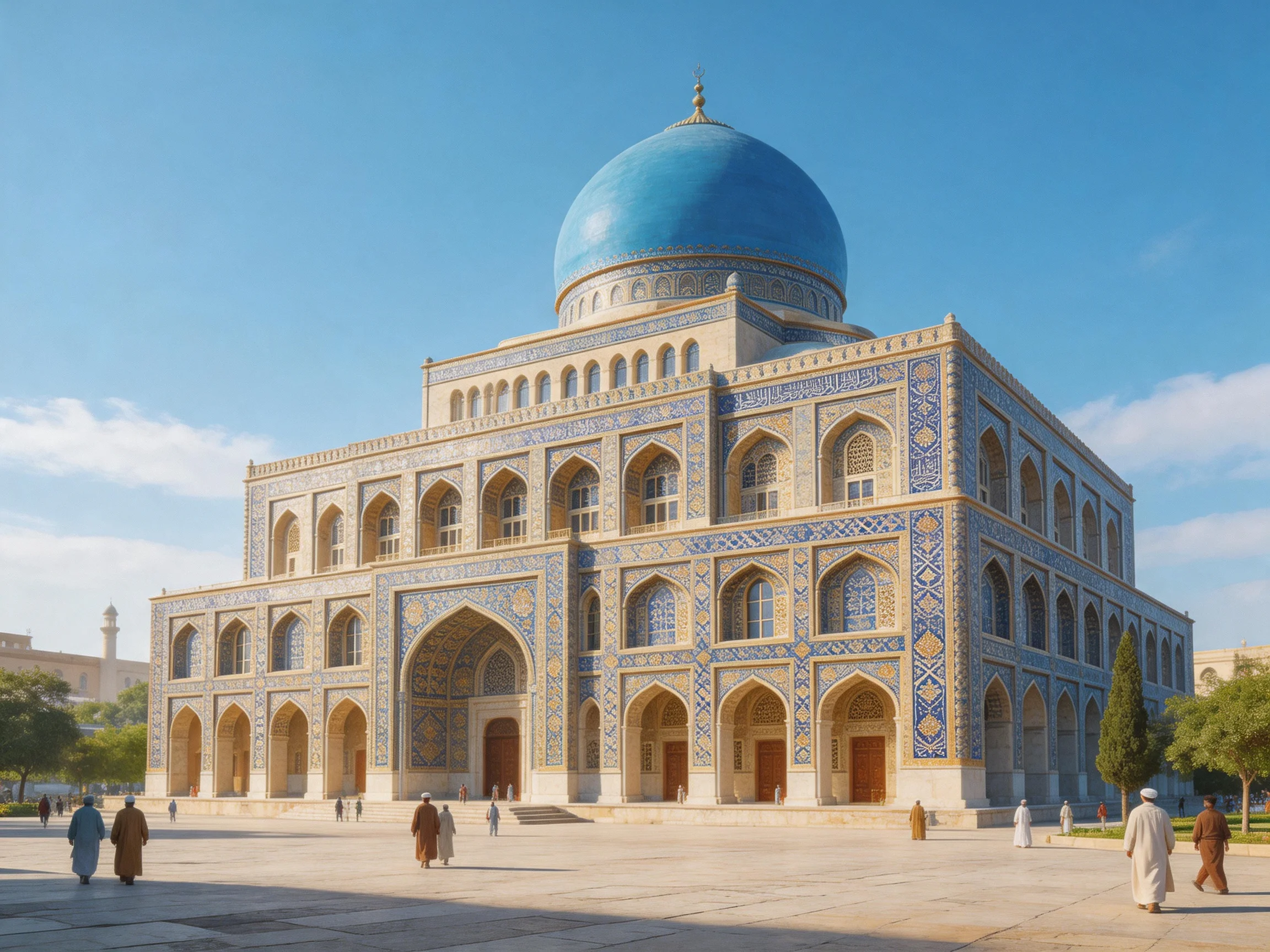A magnificent structure with a large blue dome and ornate tile details