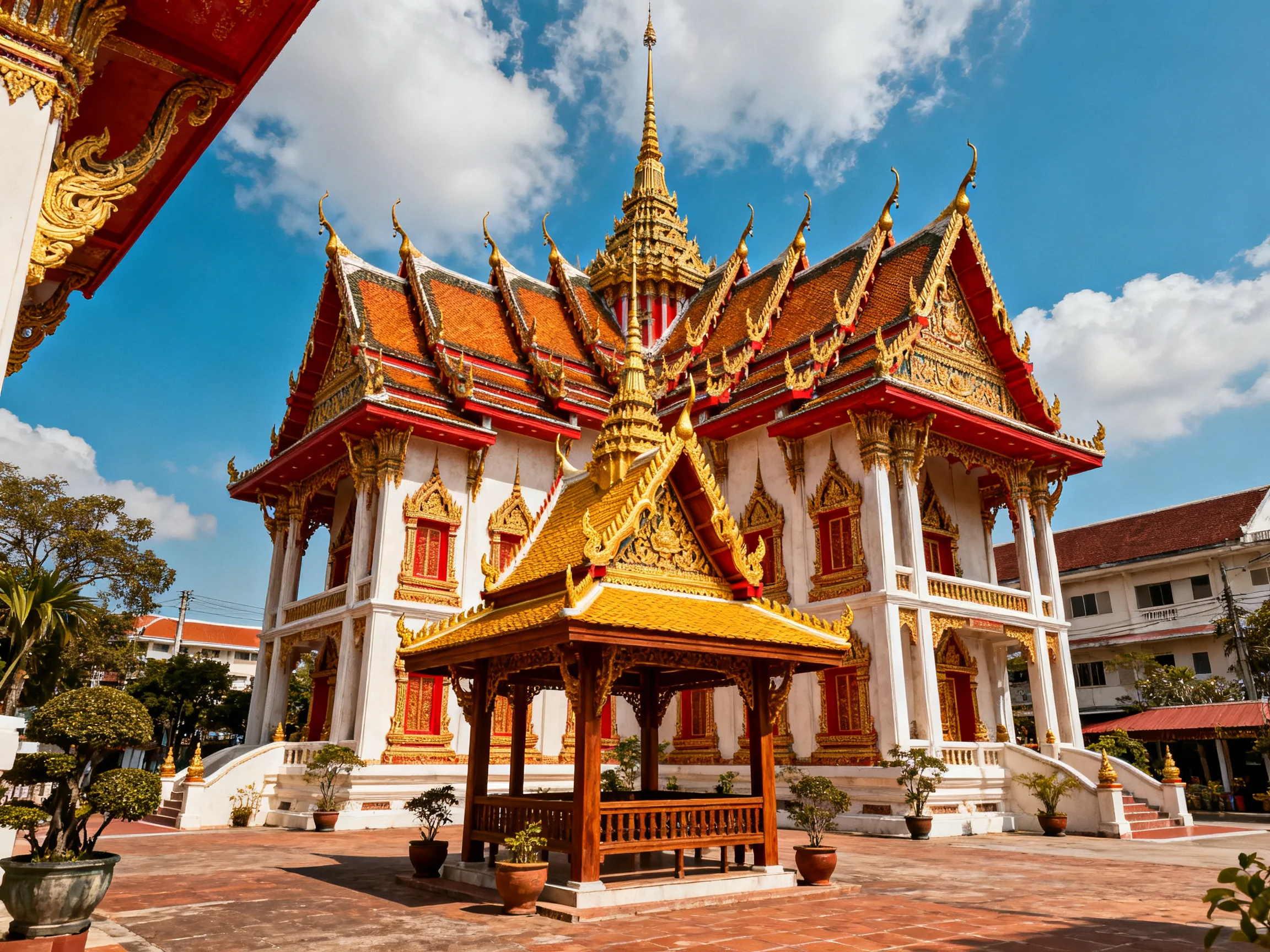 A magnificent temple with golden spires and red accents