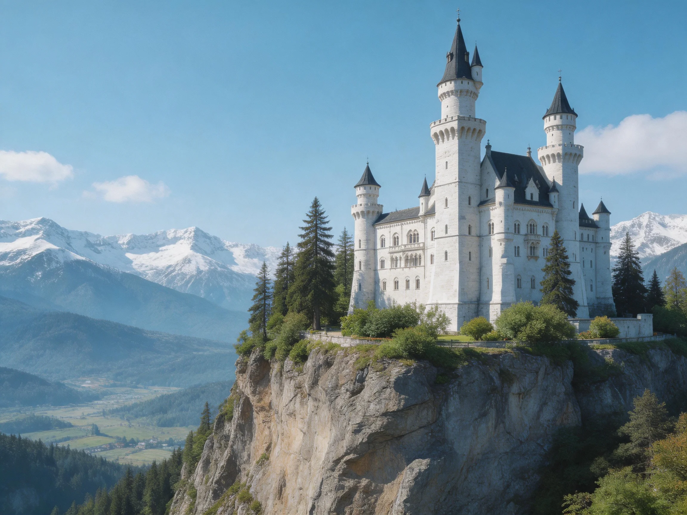A magnificent white castle atop a rocky cliff near snow - capped mountains