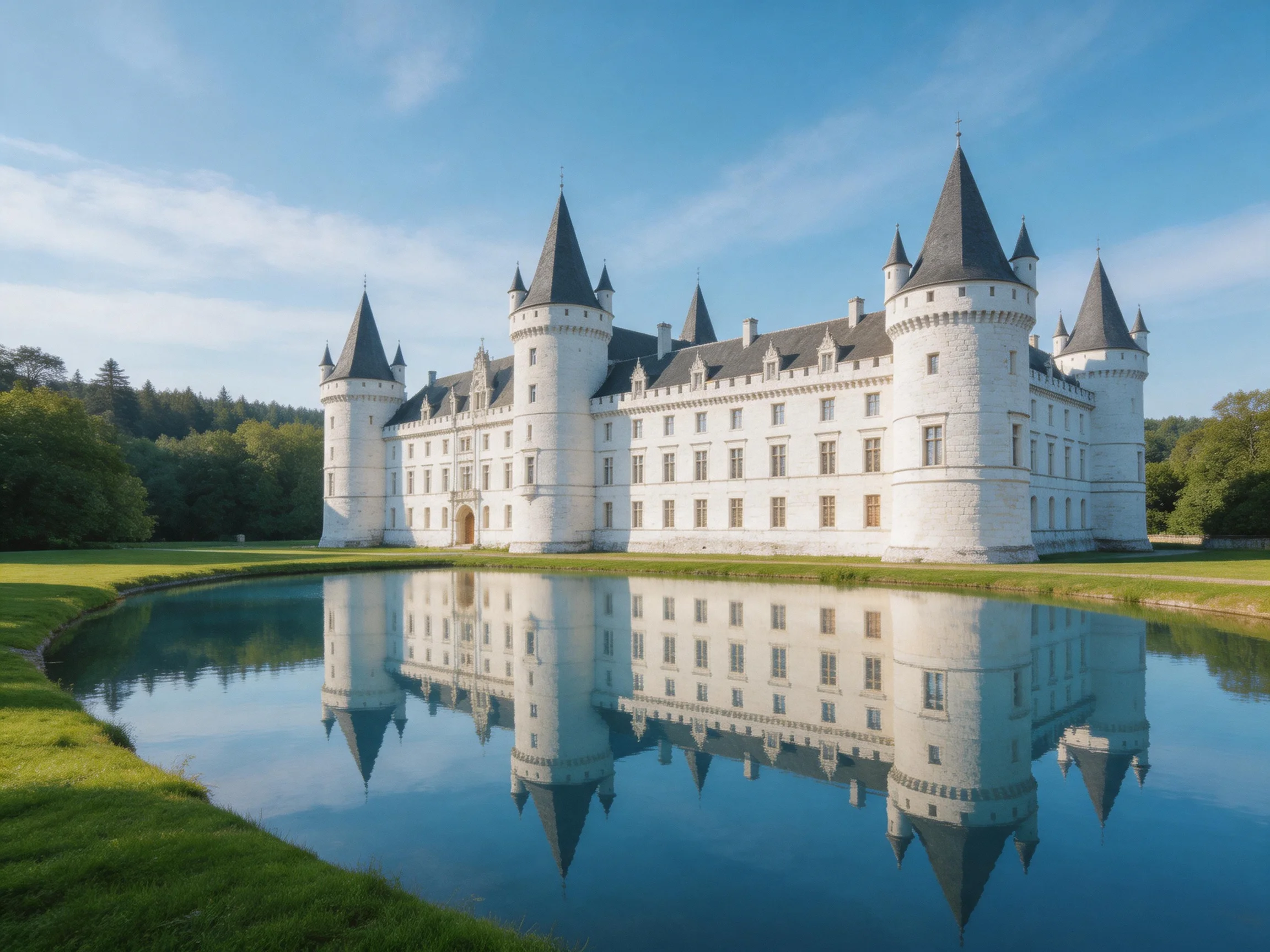 A magnificent white castle reflected in a tranquil moat