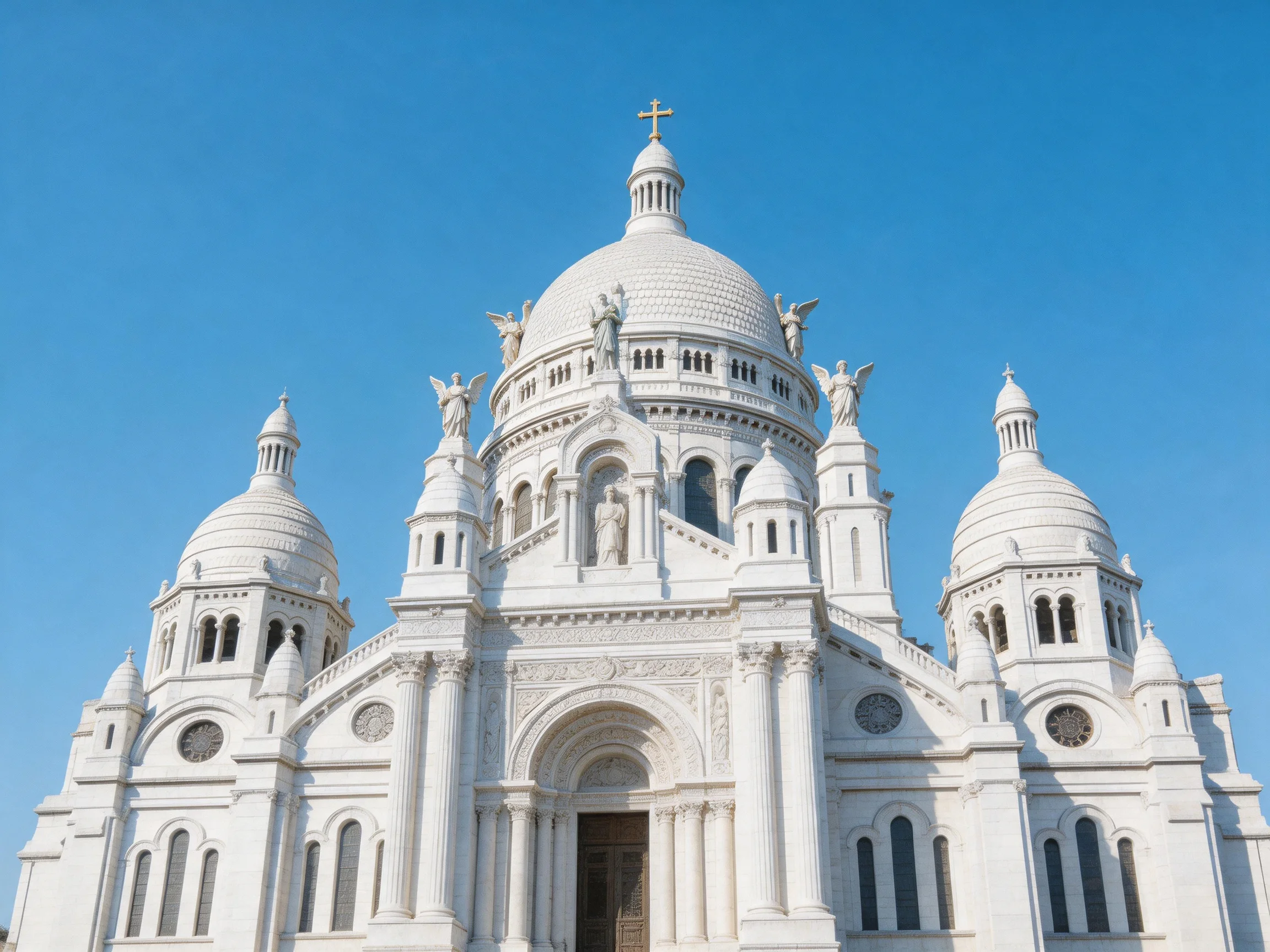 A magnificent white cathedral with domed towers and angel statues