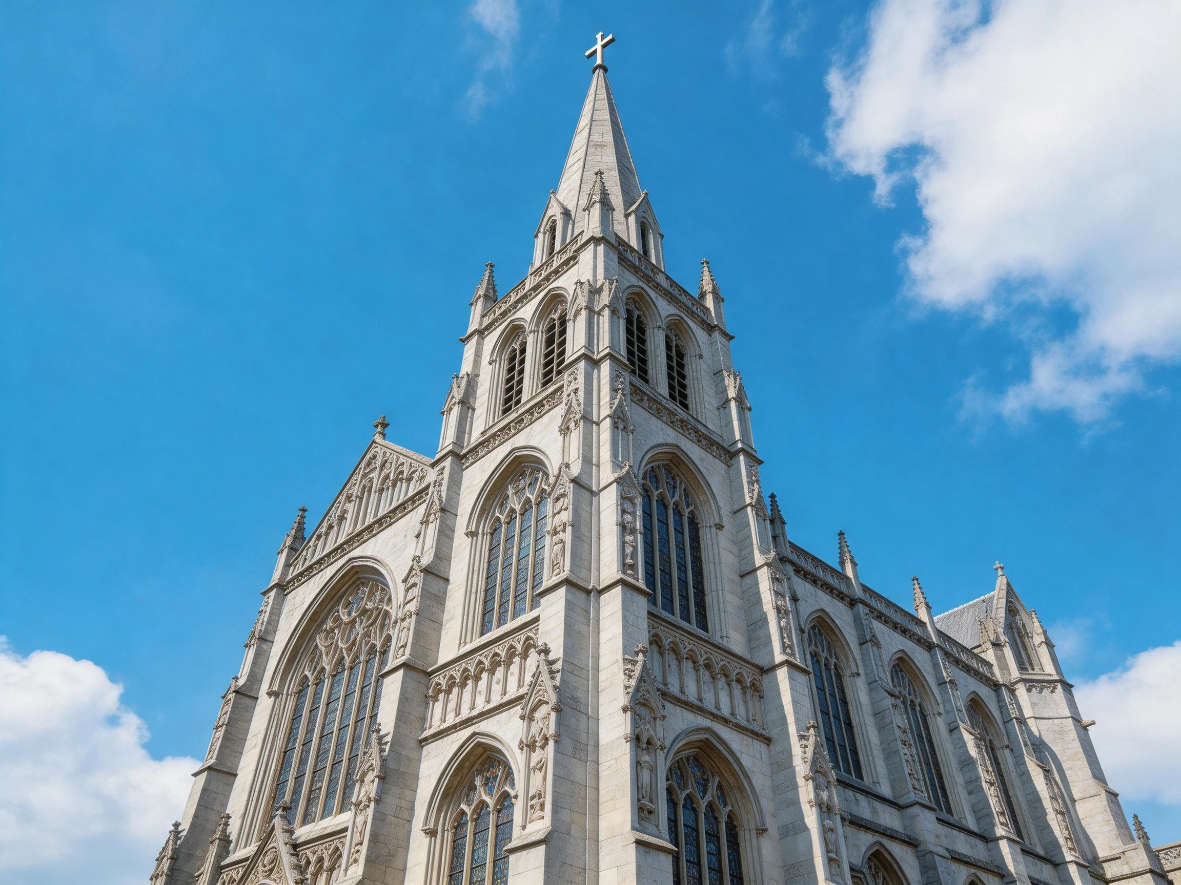 A majestic Gothic stone church tower against vibrant blue sky