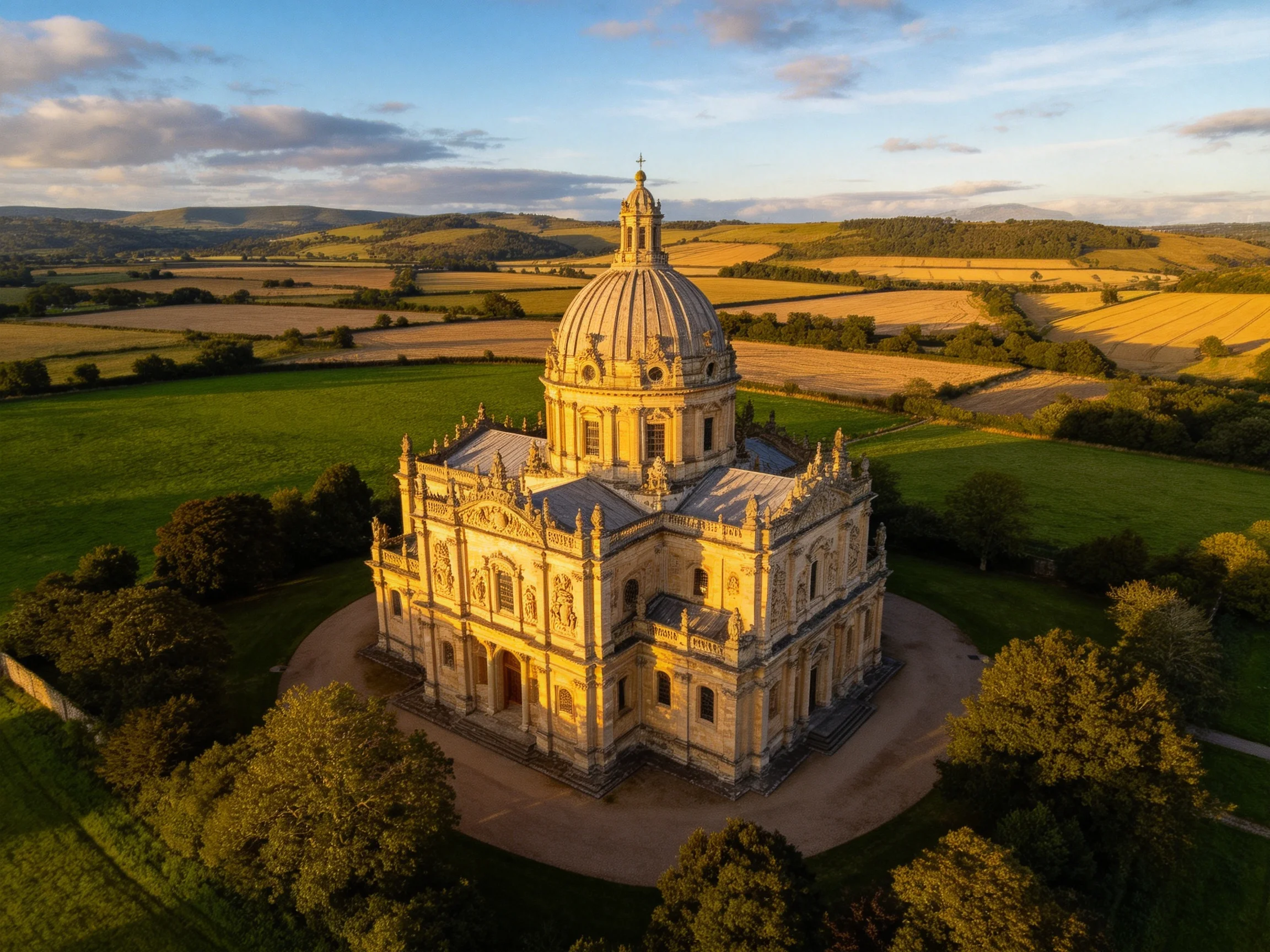 A majestic domed building in a rural countryside setting