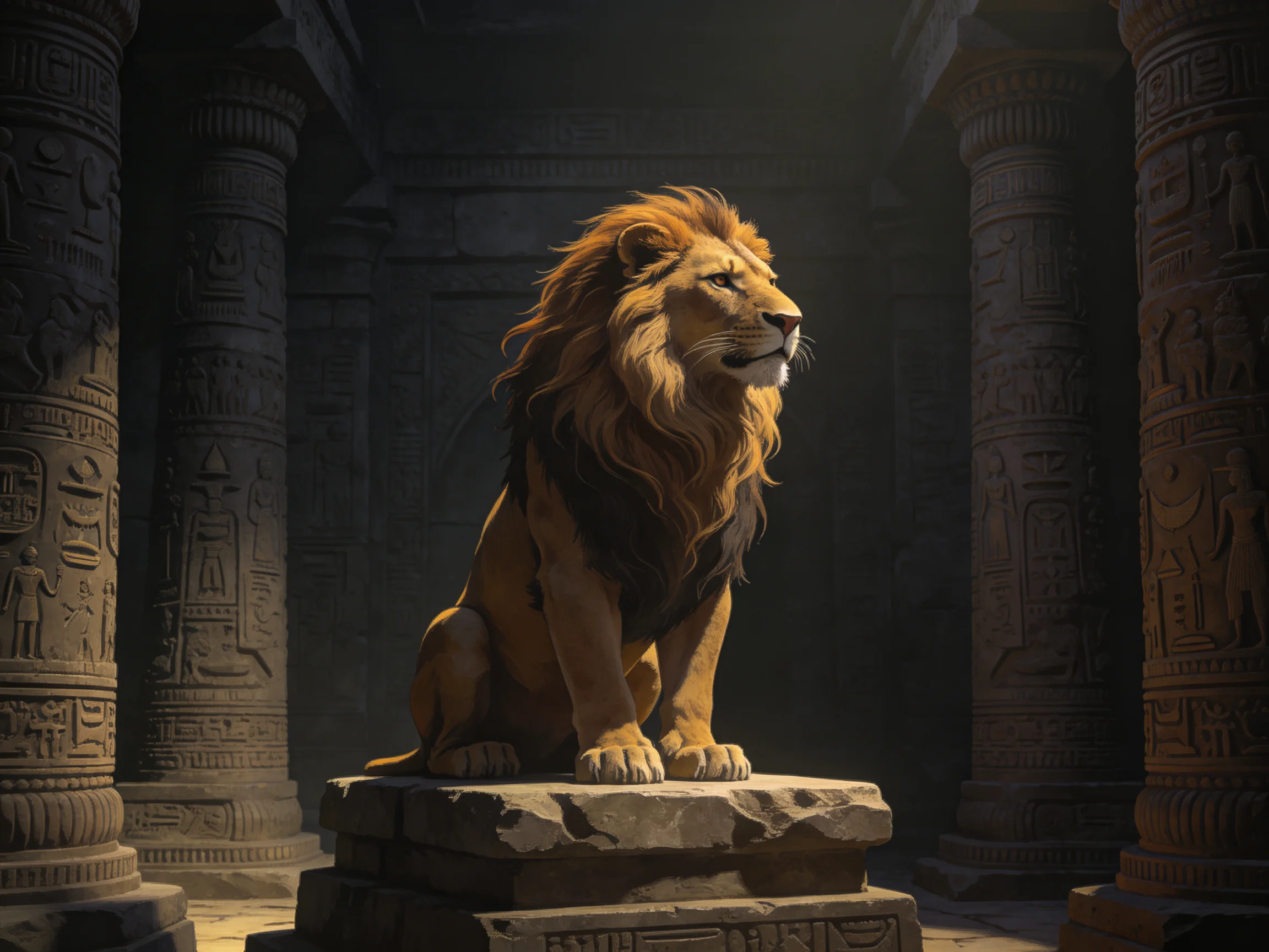 A majestic golden lion statue sits atop a stone pedestal in an ancient temple
