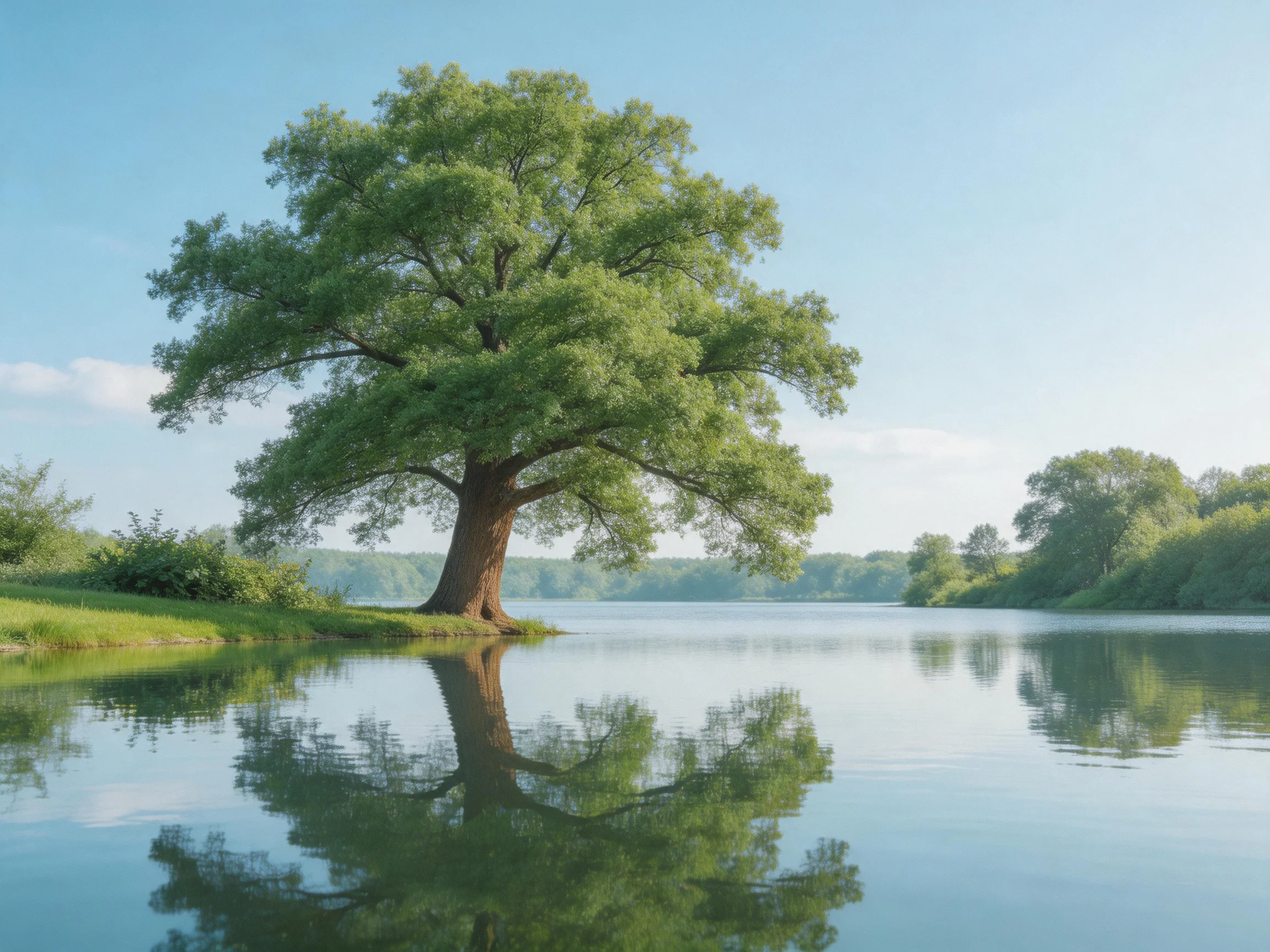 A majestic green oak stands alone by a serene river