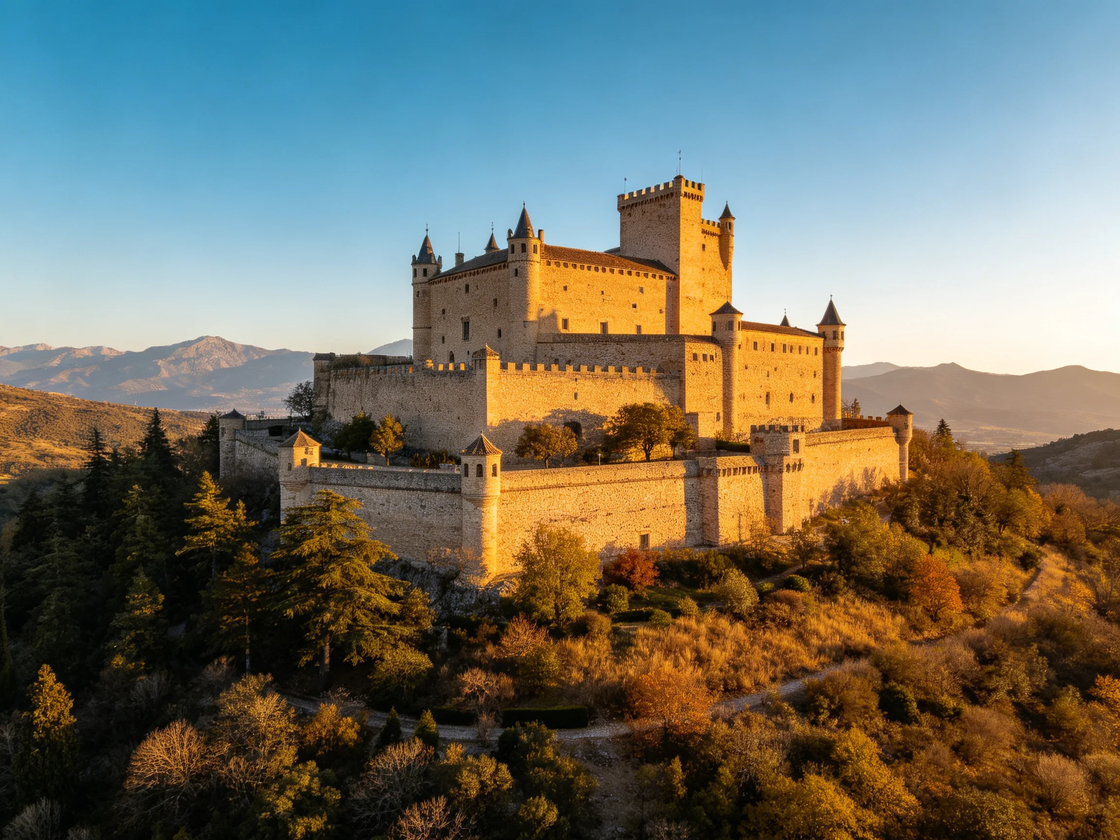 A majestic medieval castle bathed in golden sunlight atop a hill