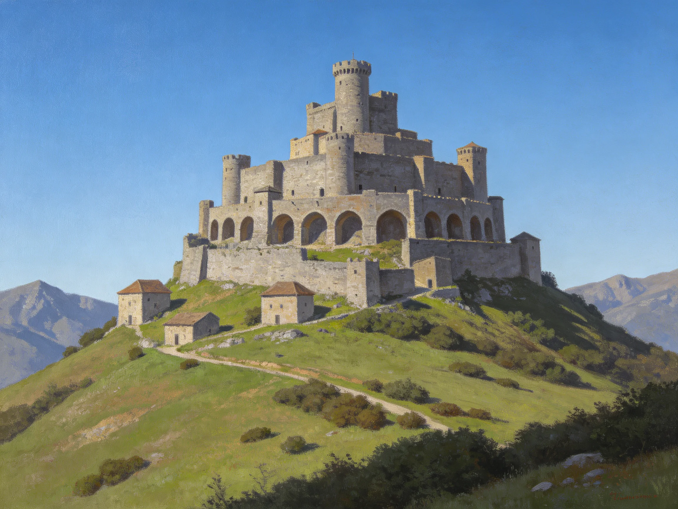A majestic medieval castle perched on a verdant hilltop