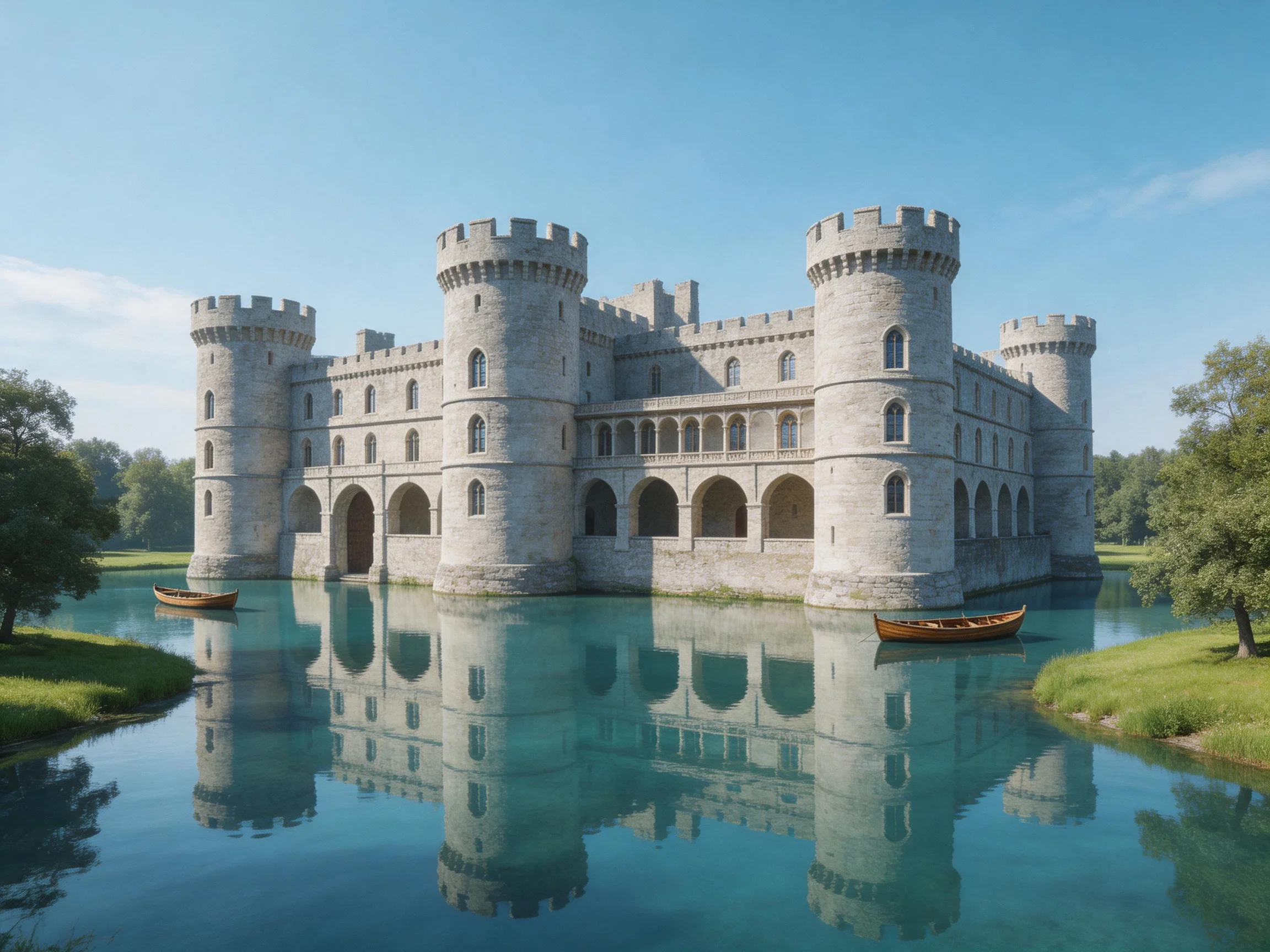 A majestic medieval castle with round towers by calm turquoise waters