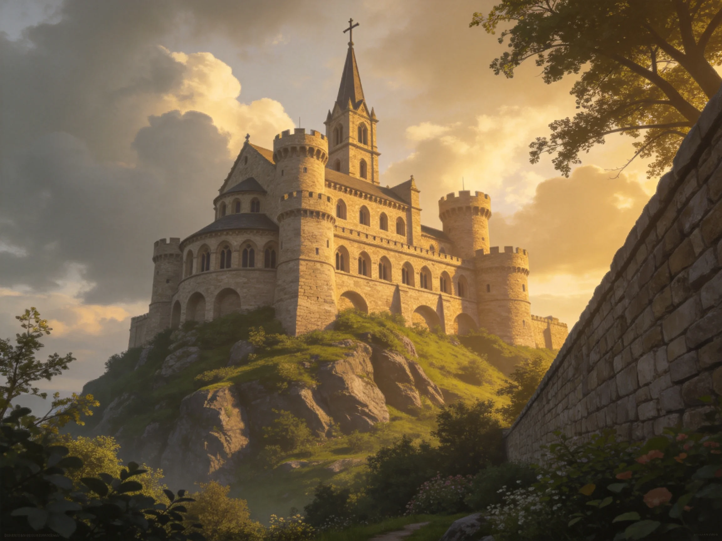 A majestic medieval stone castle atop a rocky hill under golden light