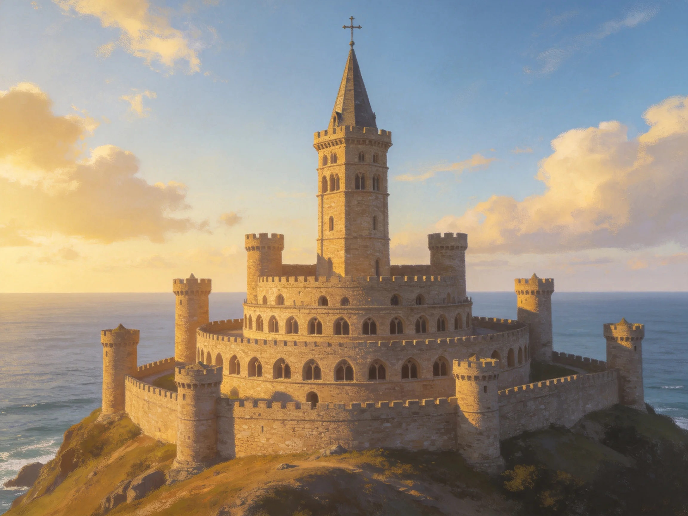 A majestic medieval stone castle overlooks the ocean from a coastal cliff