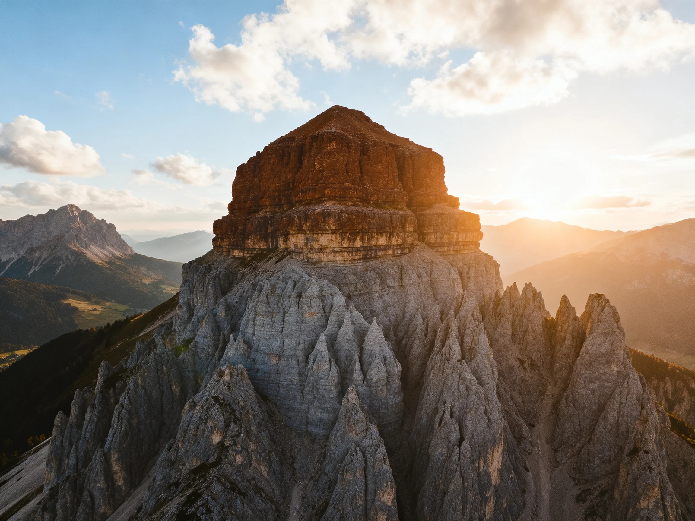 A majestic mountain peak with layered rock formations under golden sunset light