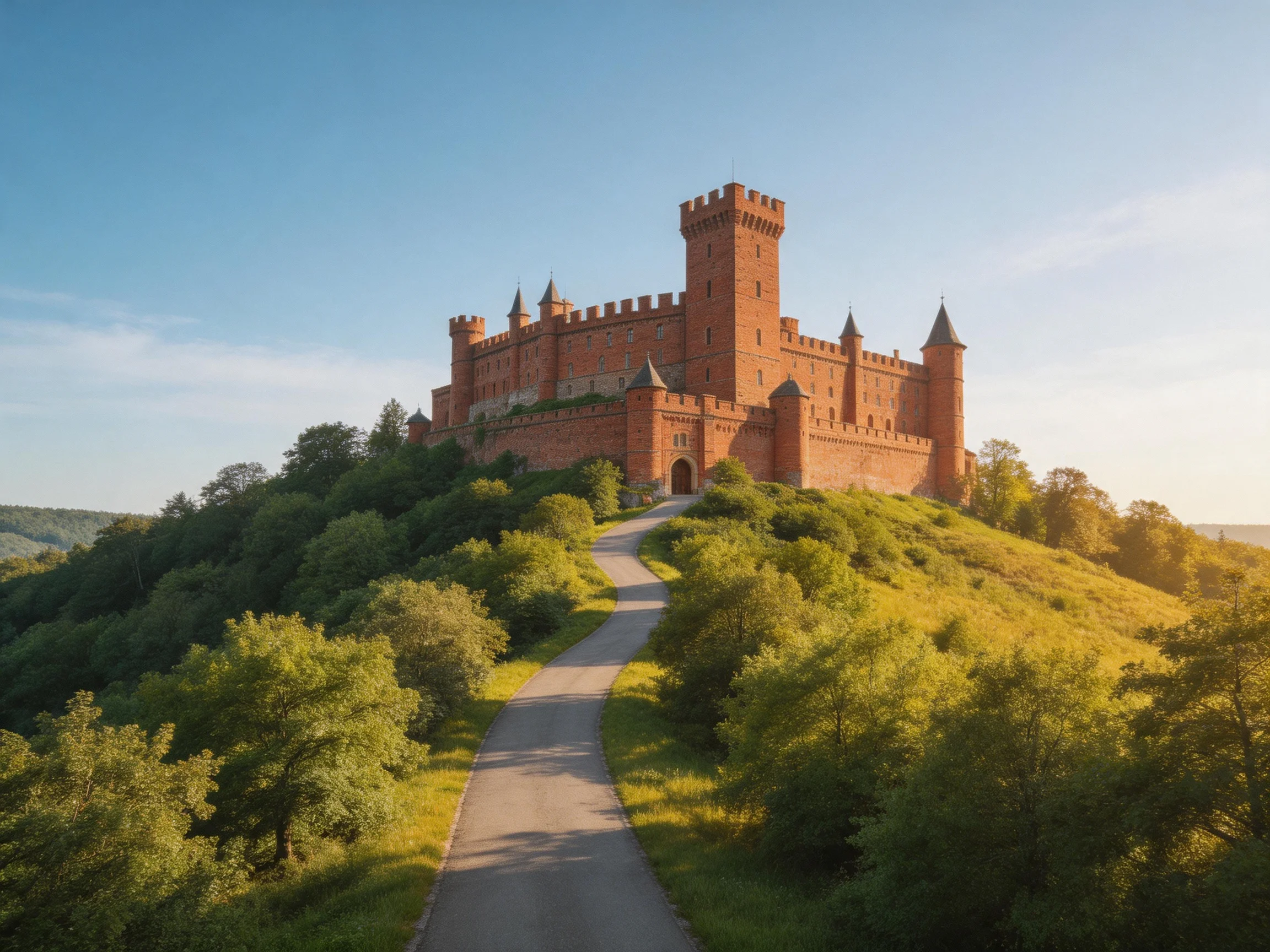 A majestic red-brick castle atop a lush green hill with winding path