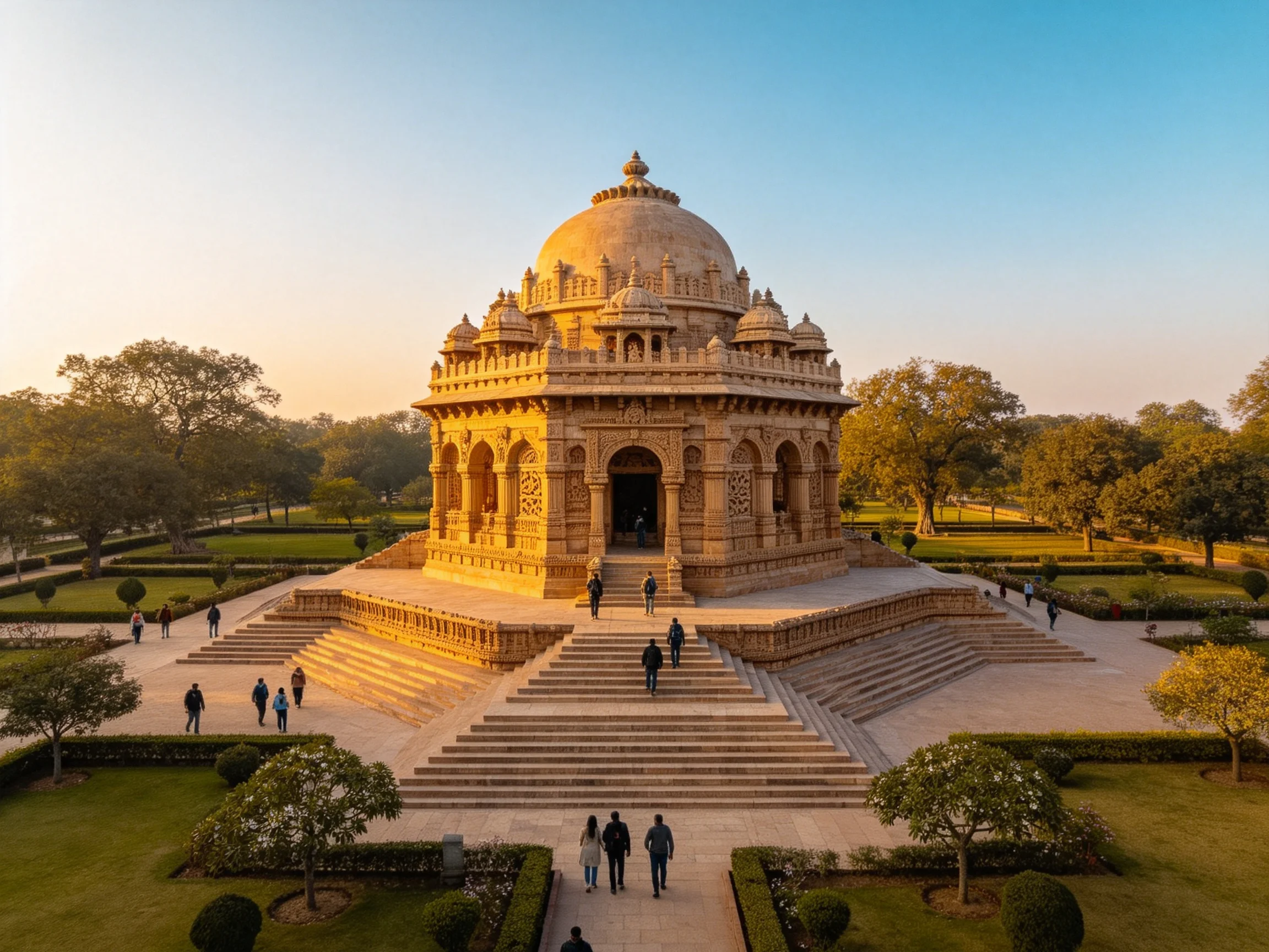 A majestic sandstone temple with golden glow in landscaped gardens