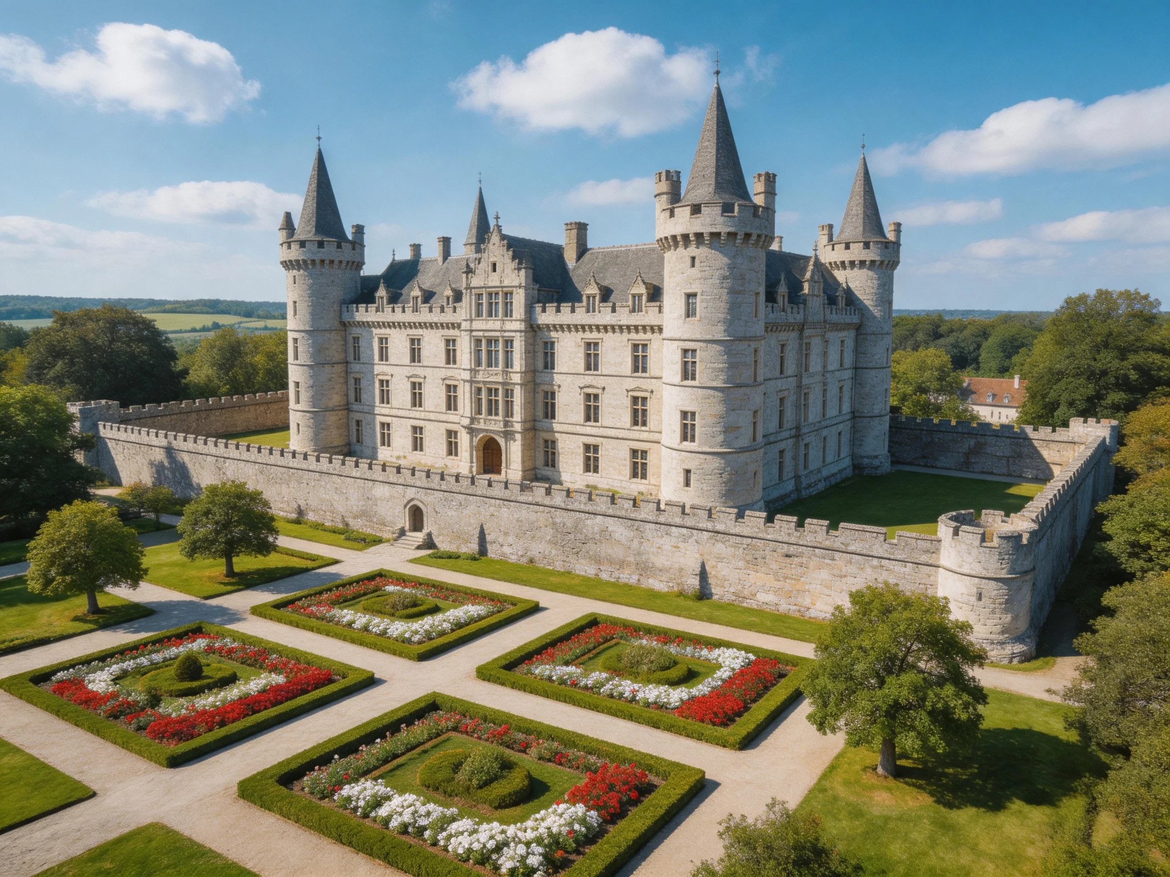 A majestic stone castle with four towers and formal gardens