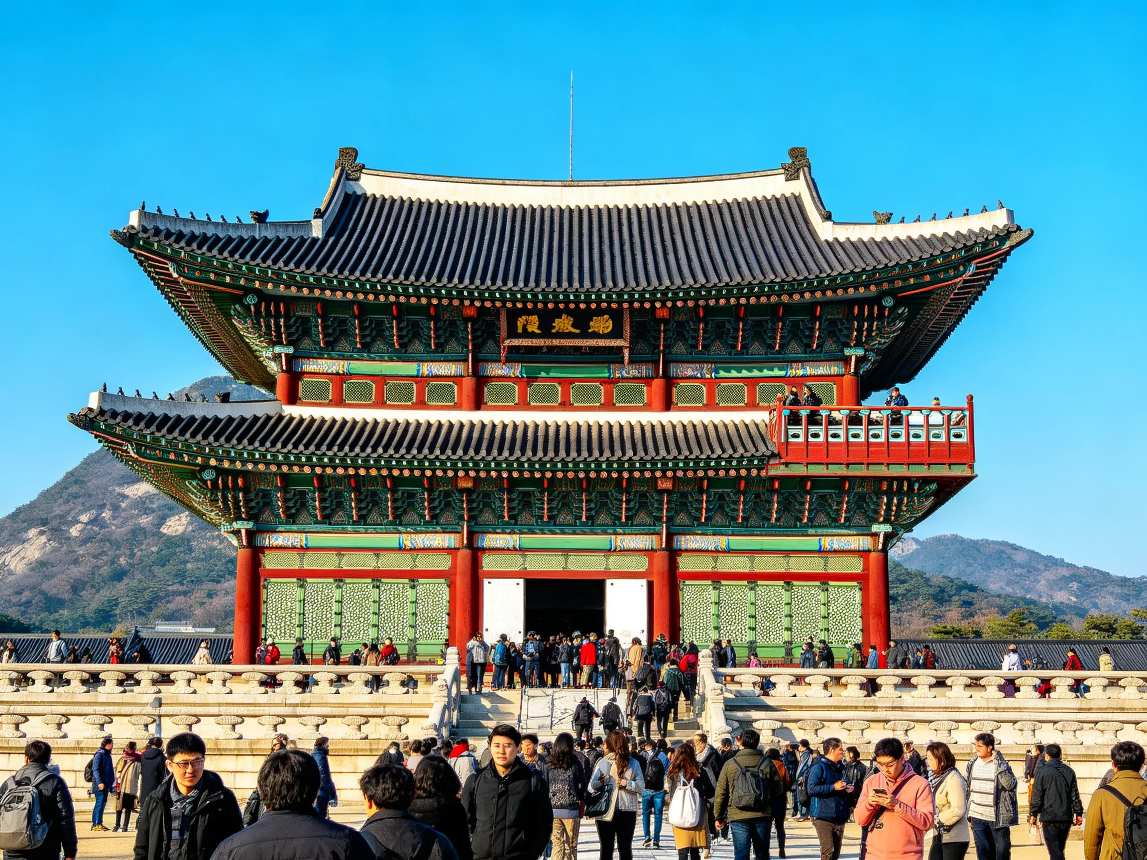 A majestic traditional Korean palace with red pillars and colorful detailing