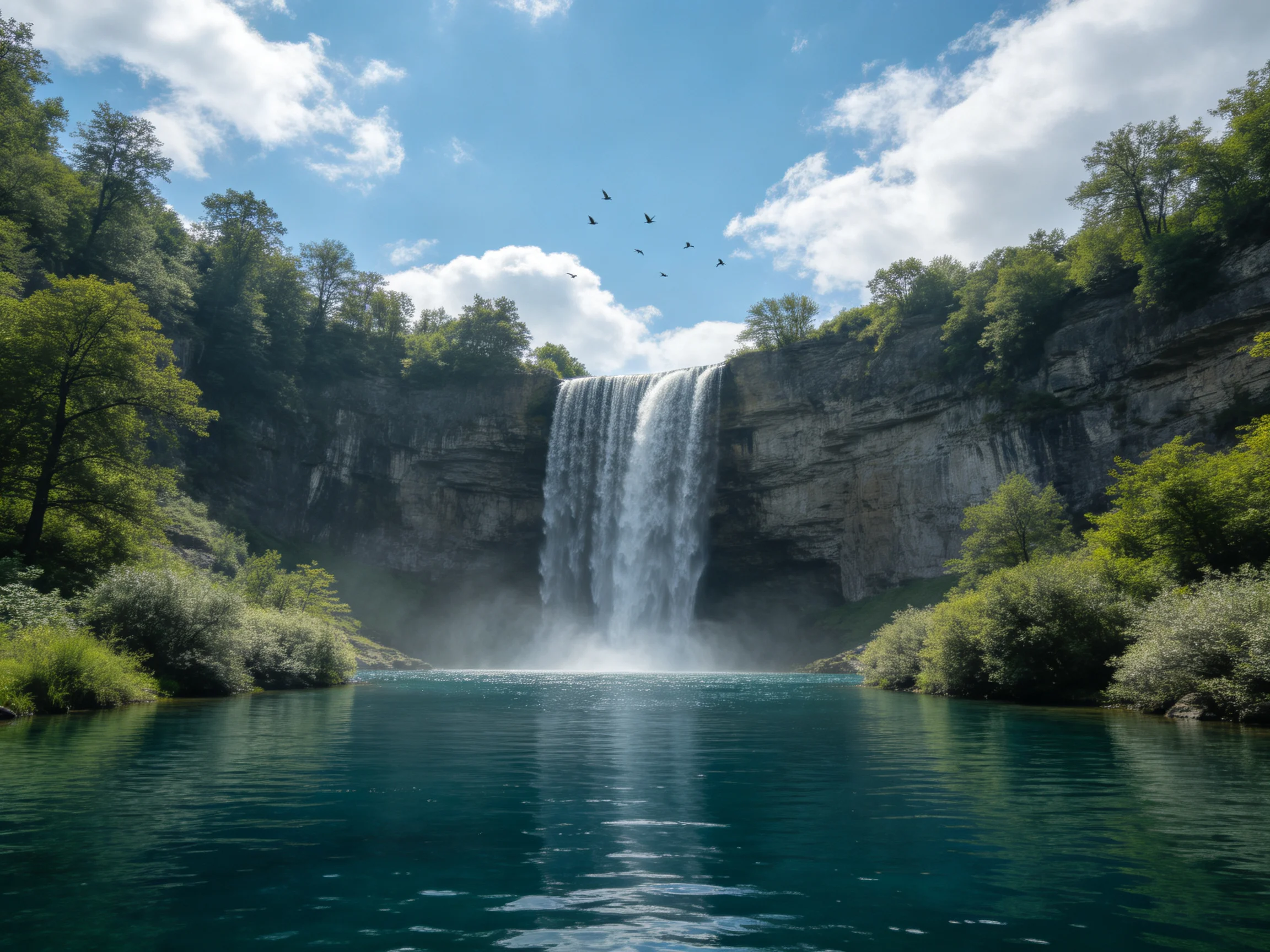 A majestic waterfall cascades into turquoise waters surrounded by lush greenery.