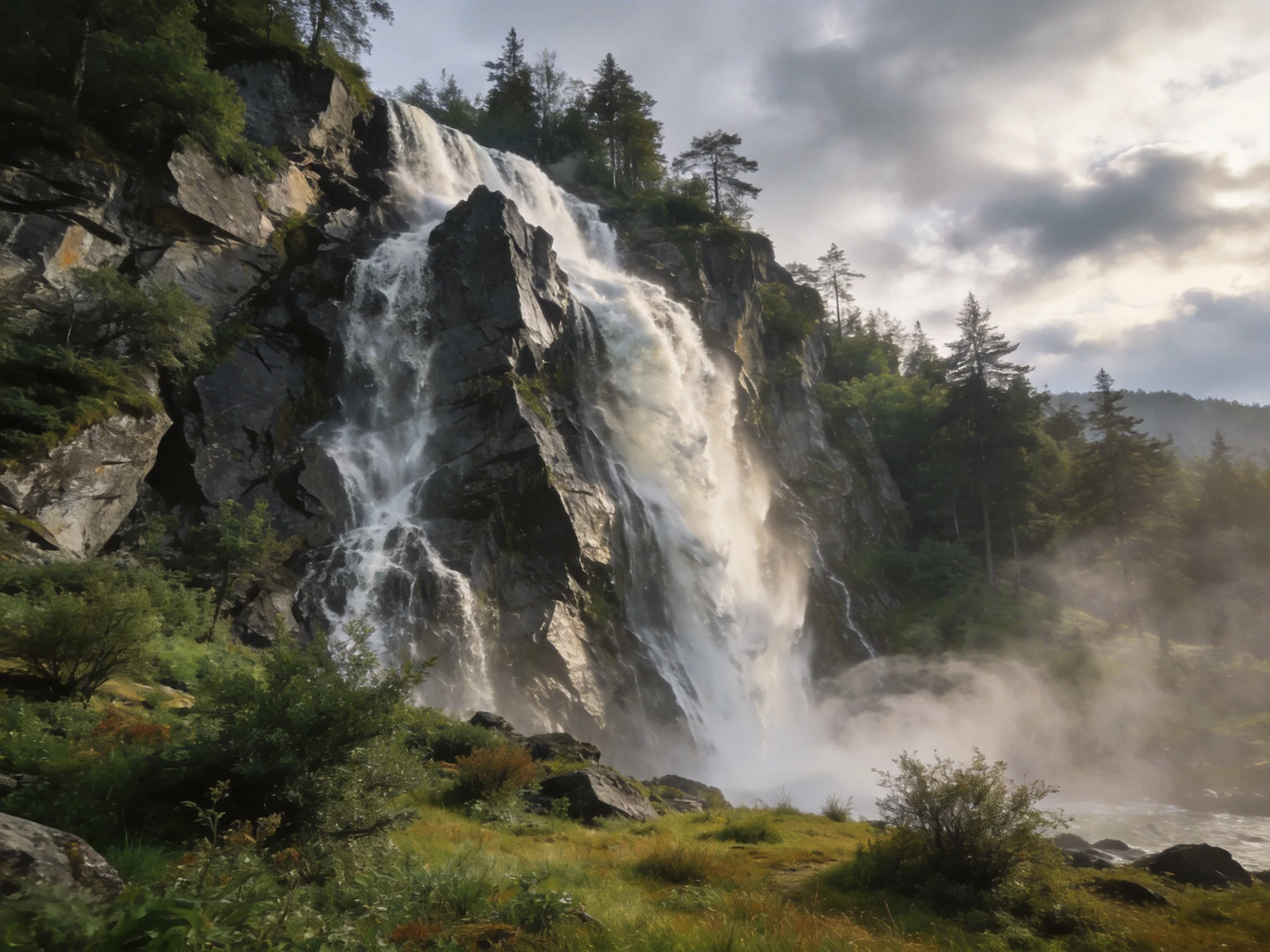 A majestic waterfall cascades over dark rocky cliffs surrounded by forest