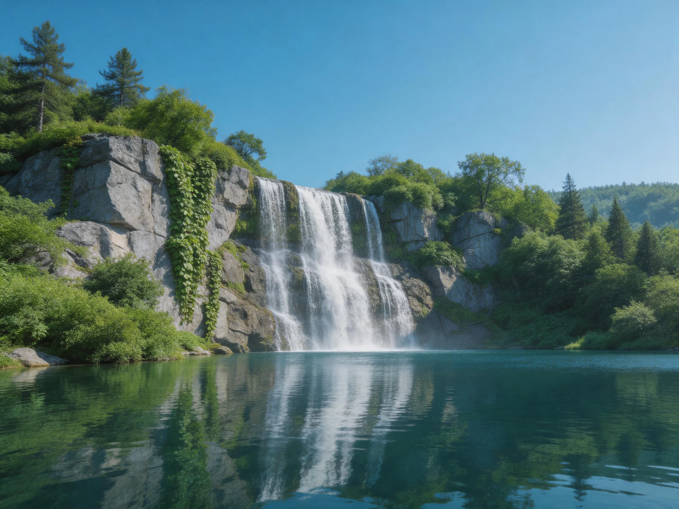 A majestic waterfall cascades over rocky cliffs into a turquoise pool