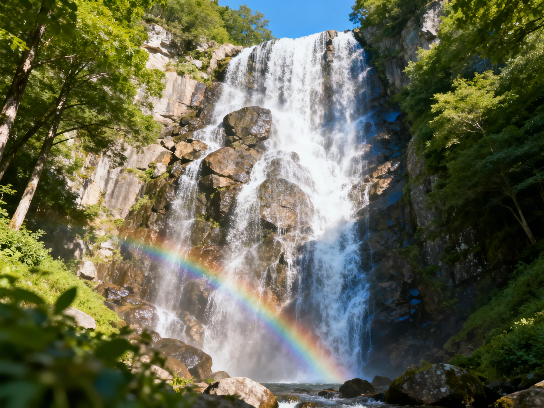 A majestic waterfall cascades over rocky cliffs with a vibrant rainbow below
