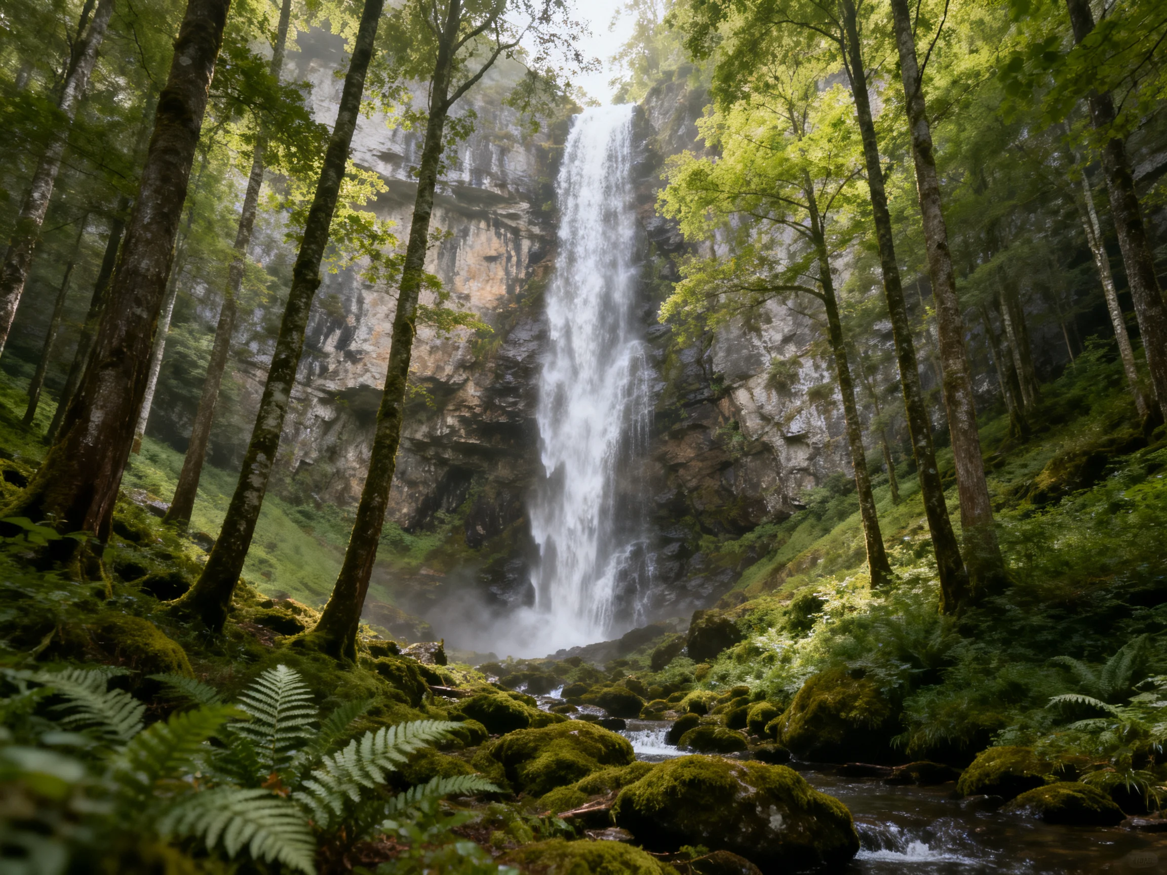A majestic waterfall plunges into a lush, moss-draped forest with towering trees