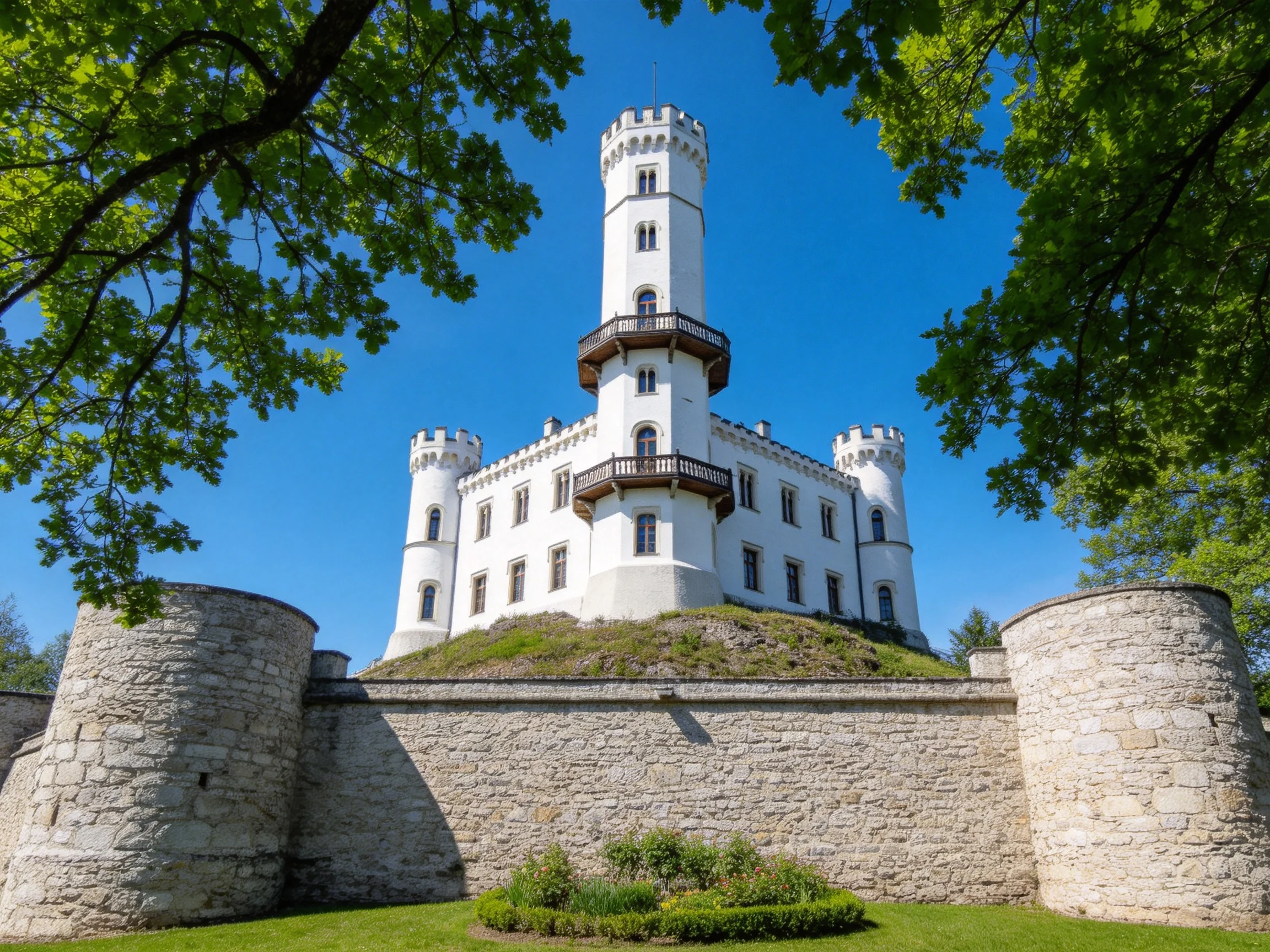 A majestic white castle atop a grassy mound with stone fortifications