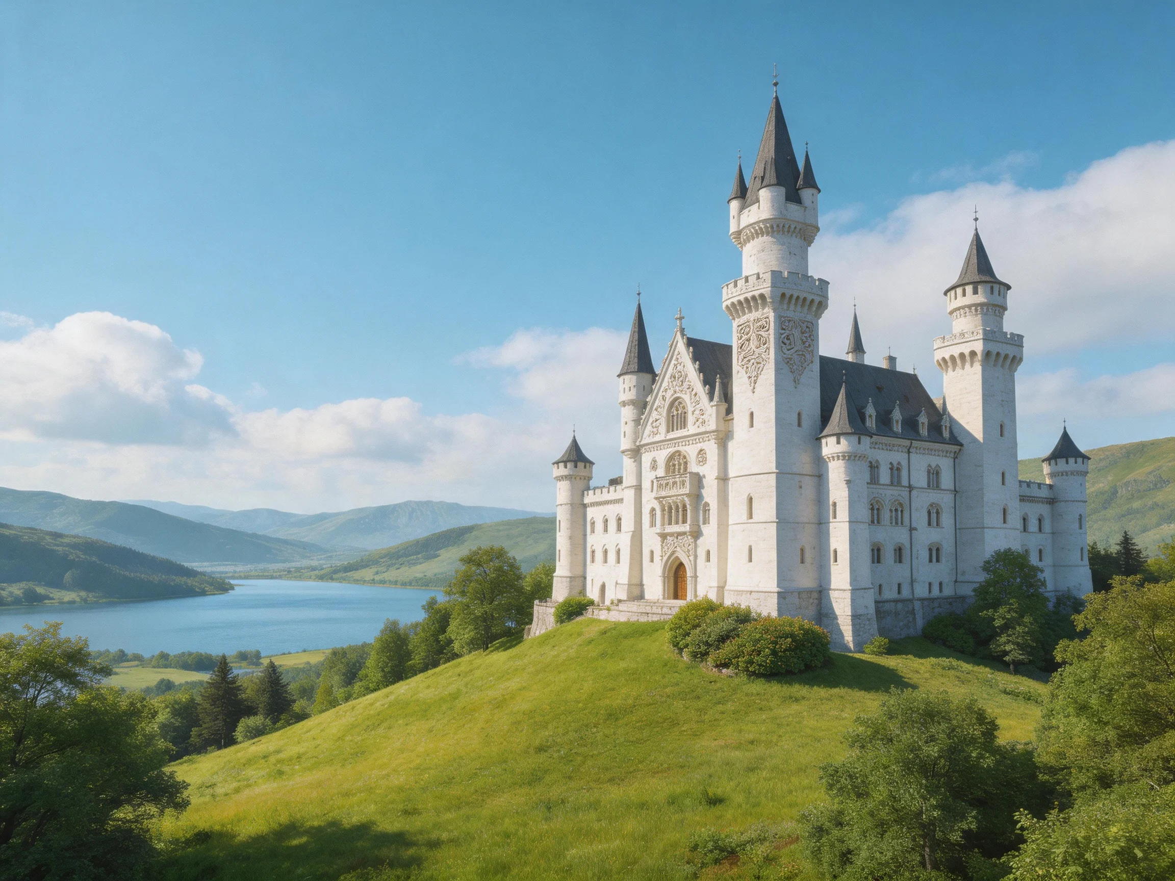 A majestic white castle atop a lush green hill near a serene lake