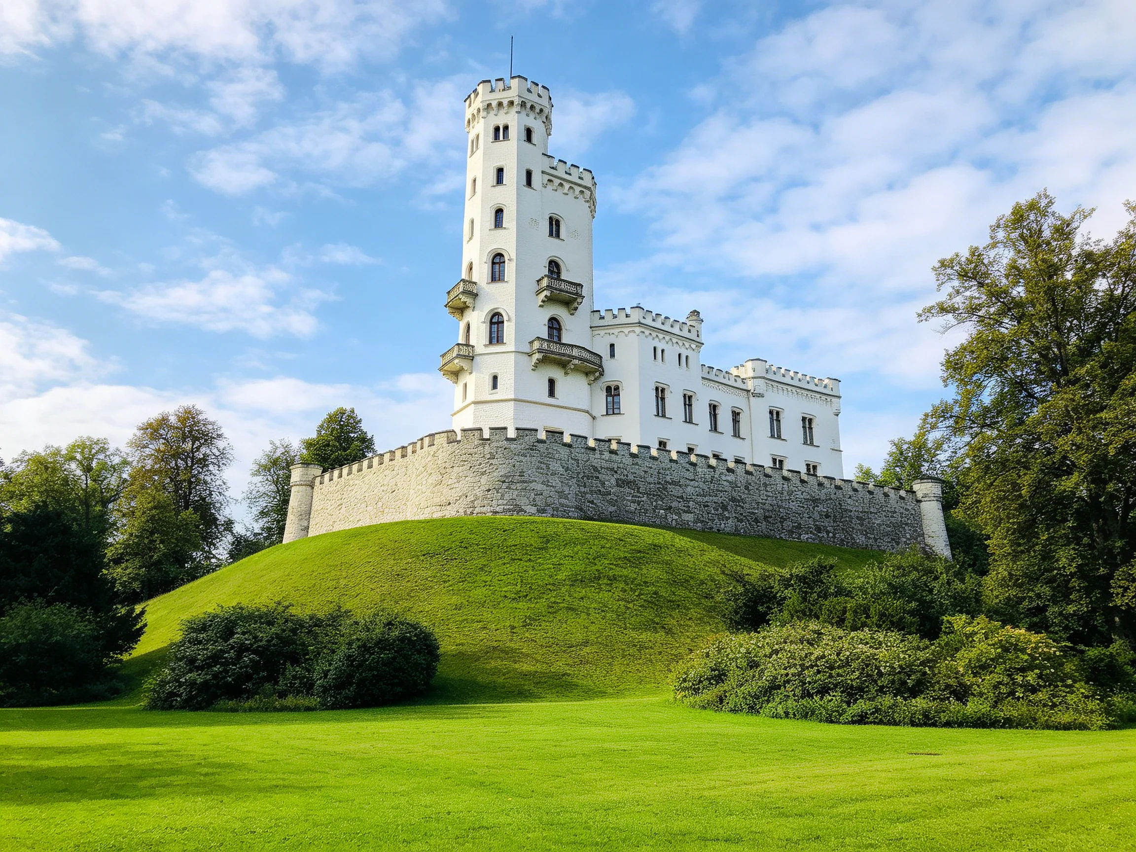 A majestic white castle atop a lush green hill with stone fortifications