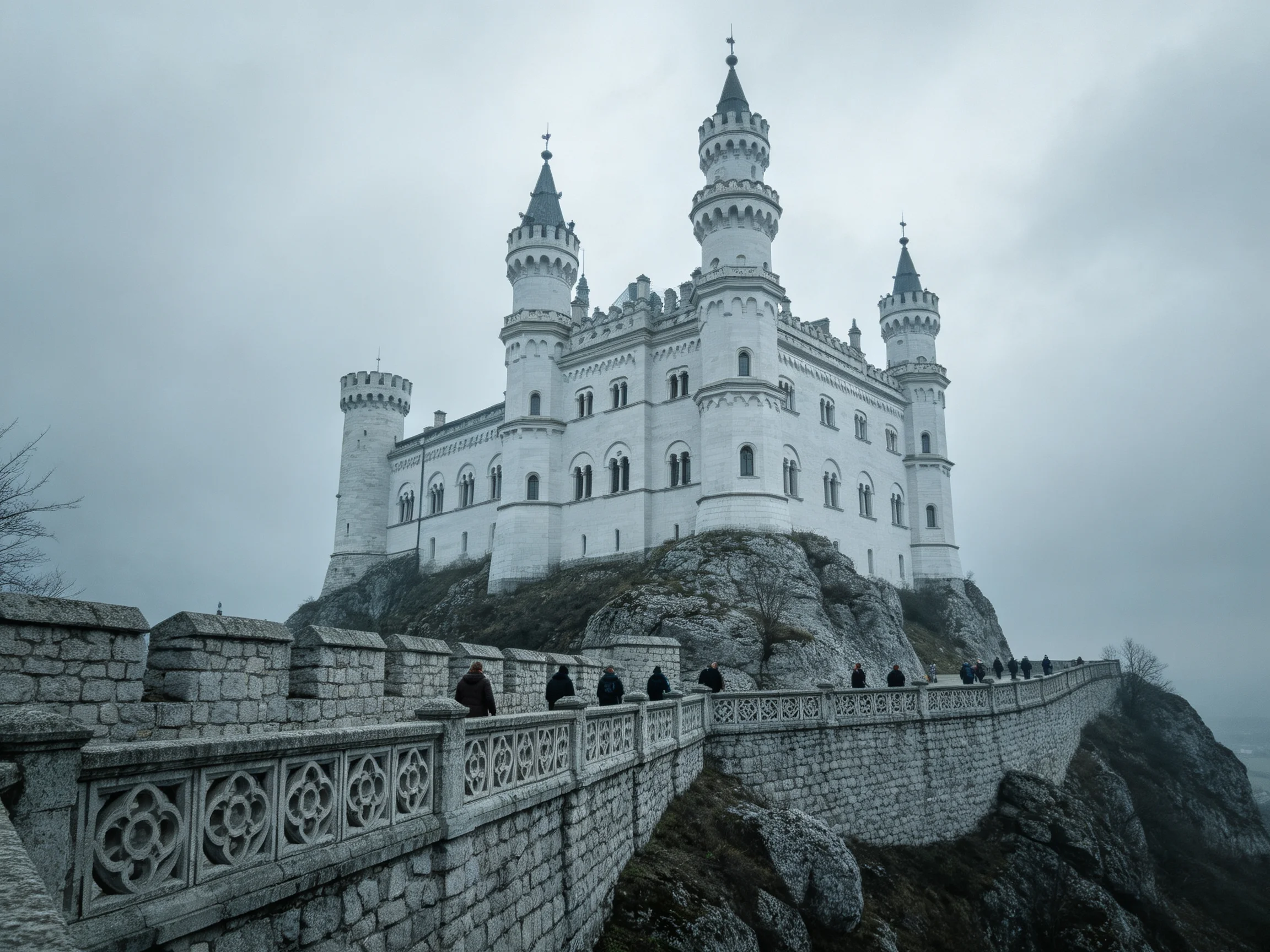 A majestic white castle atop a rocky hill with stone walkway