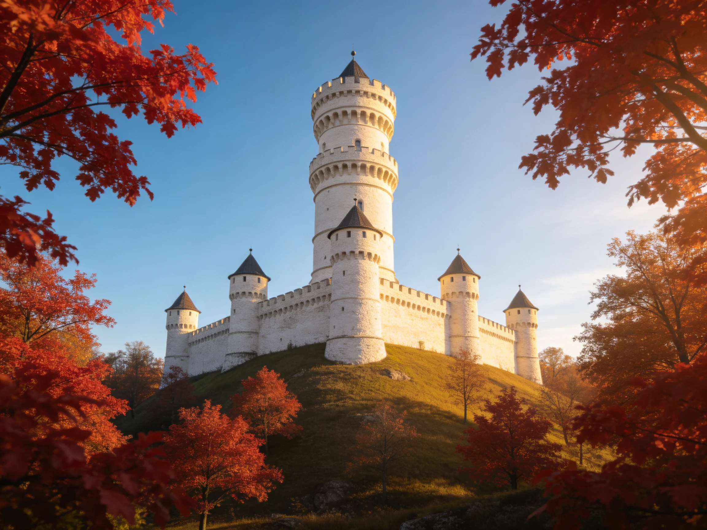 A majestic white castle atop an autumn-colored hill with vibrant foliage