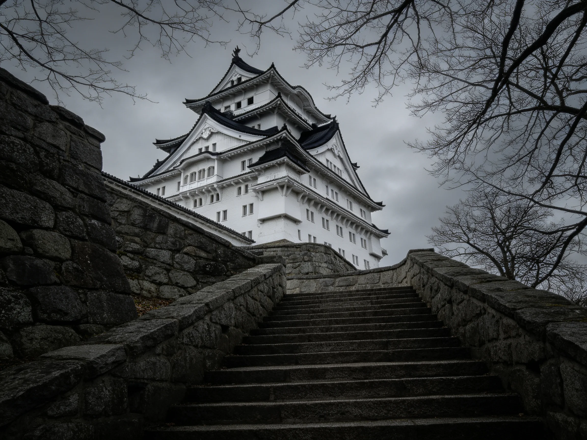 A majestic white castle atop stone steps under overcast skies