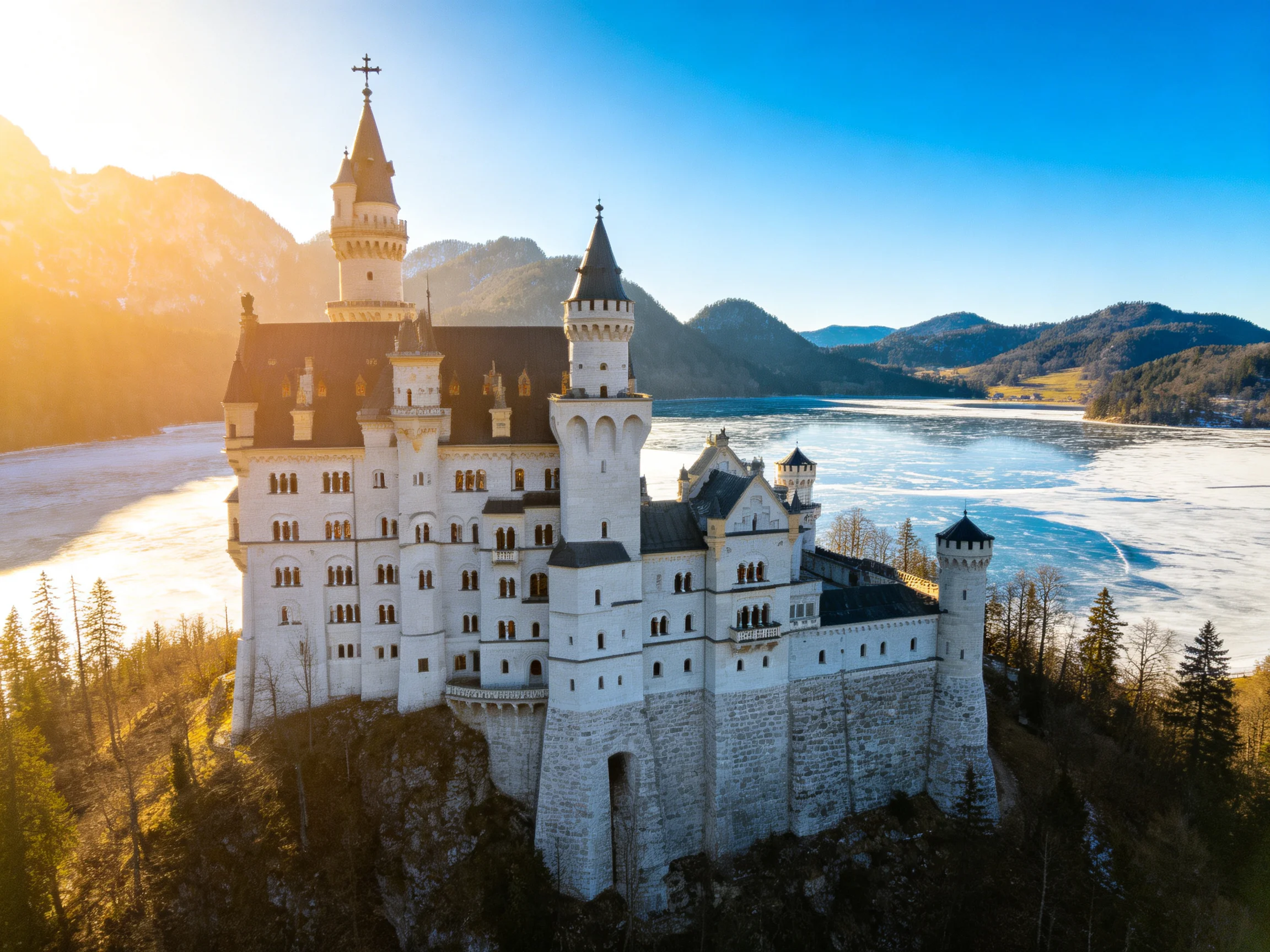 A majestic white castle perched atop a rocky cliff beside a frozen lake