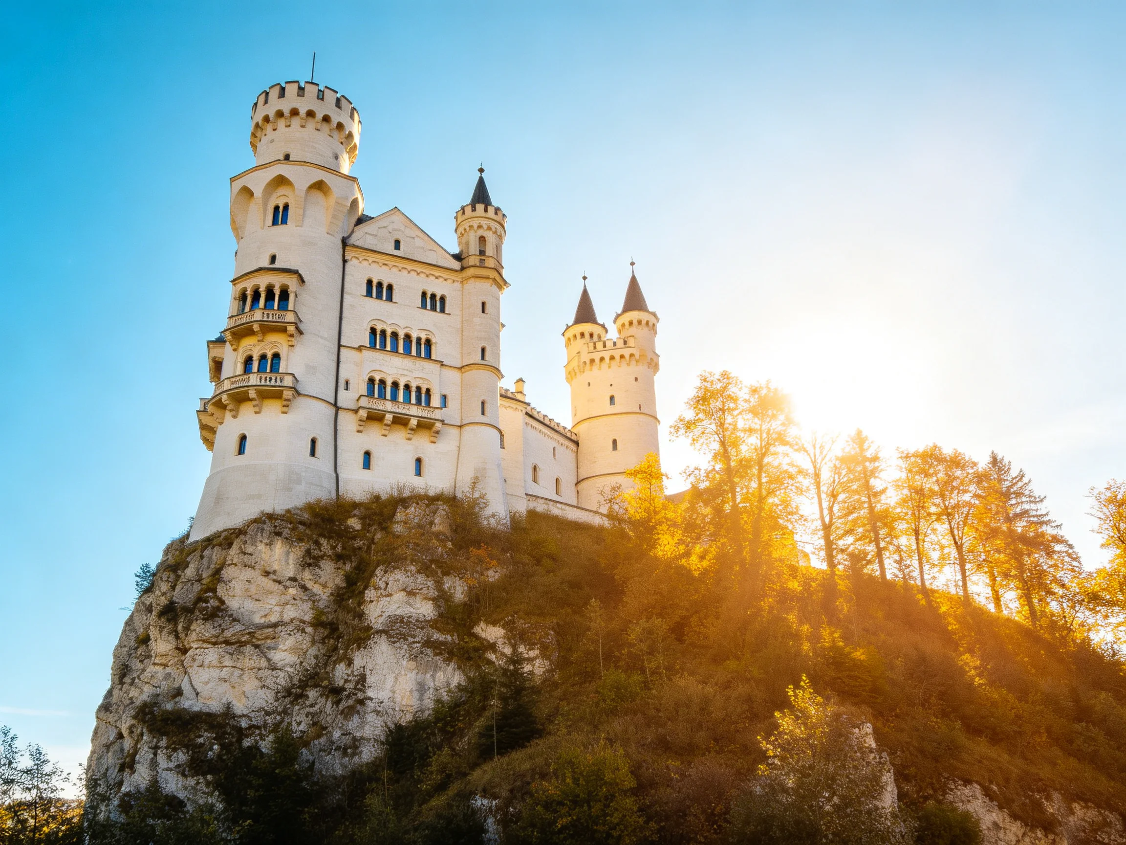 A majestic white castle perched atop a rocky cliff under bright sunlight