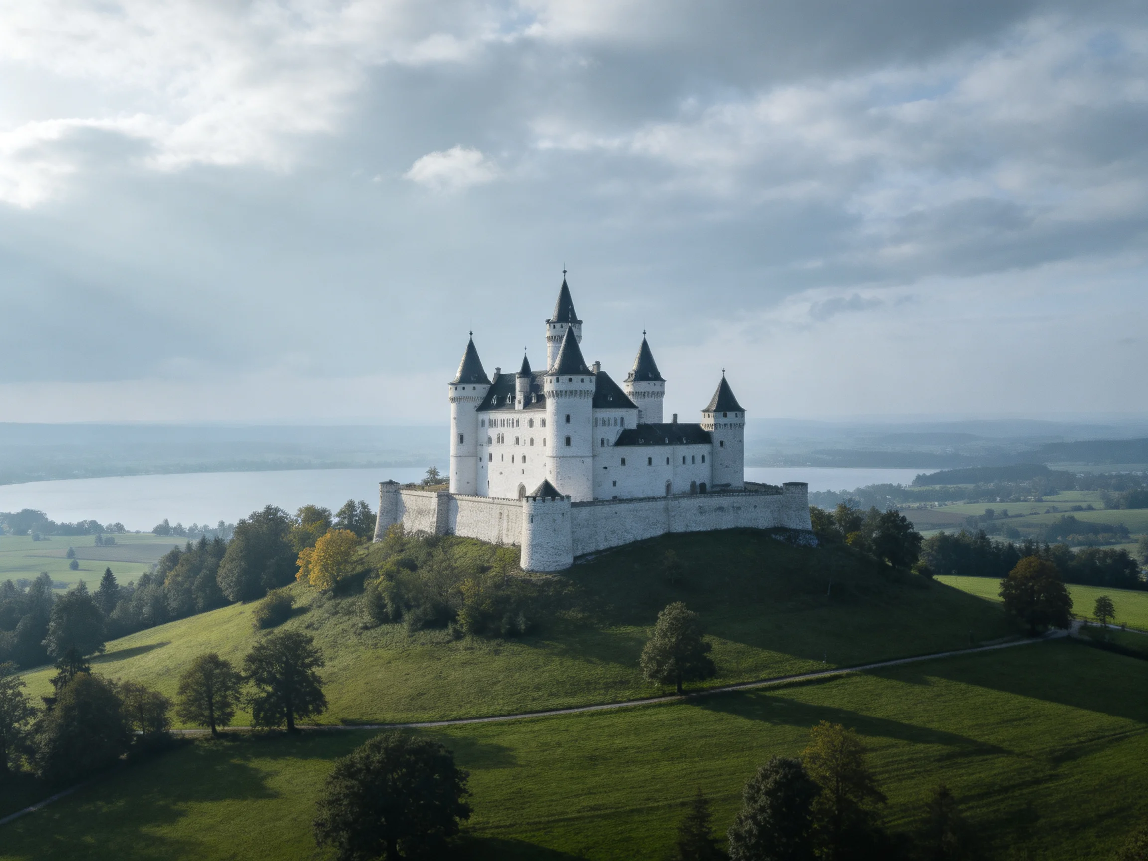 A majestic white castle stands atop a lush green hill overlooking water